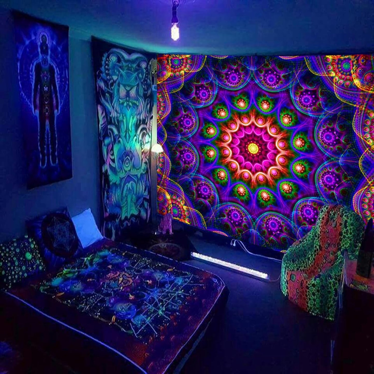 Blacklight Trippy Mandala Tapestry, Boho Black Light Posters for Adults UV Reactive Room Decor for Bedroom Wall (80 x 60 Inches)