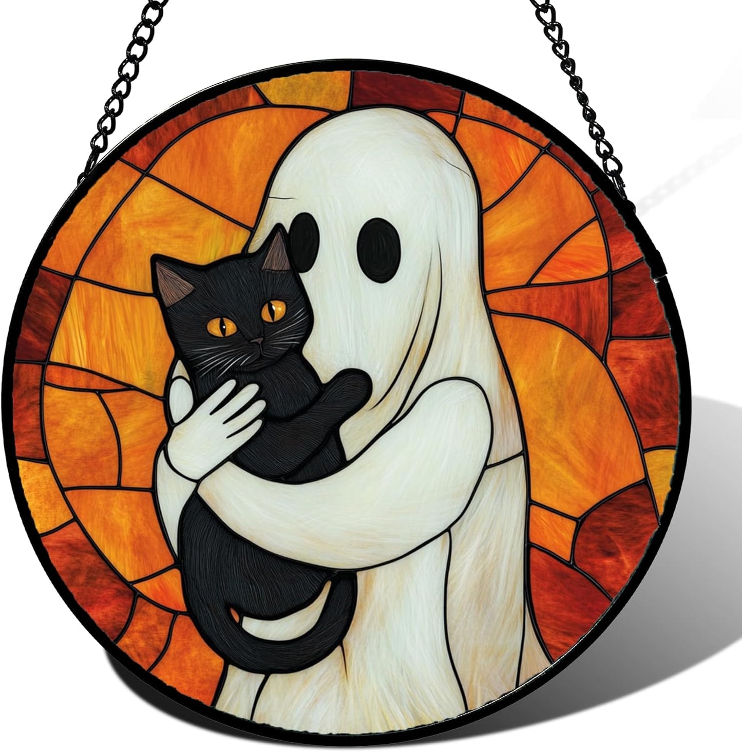 Stained Glass Window Hanging - Halloween Decorations White Ghost Black Cat Suncatcher for Doors Garden Spooky Funny Orange Sun Catchers Gothic Decor Horror Gifts for Women Men Friend 9.8 in