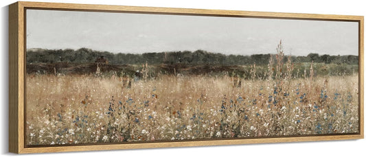 MUDECOR Large Framed Canvas Print Wall Art Misty Morning Meadow with Wildflowers Antique Retro Fine Art Illustrations Decorative Colorful for Bedroom - 60"x20"