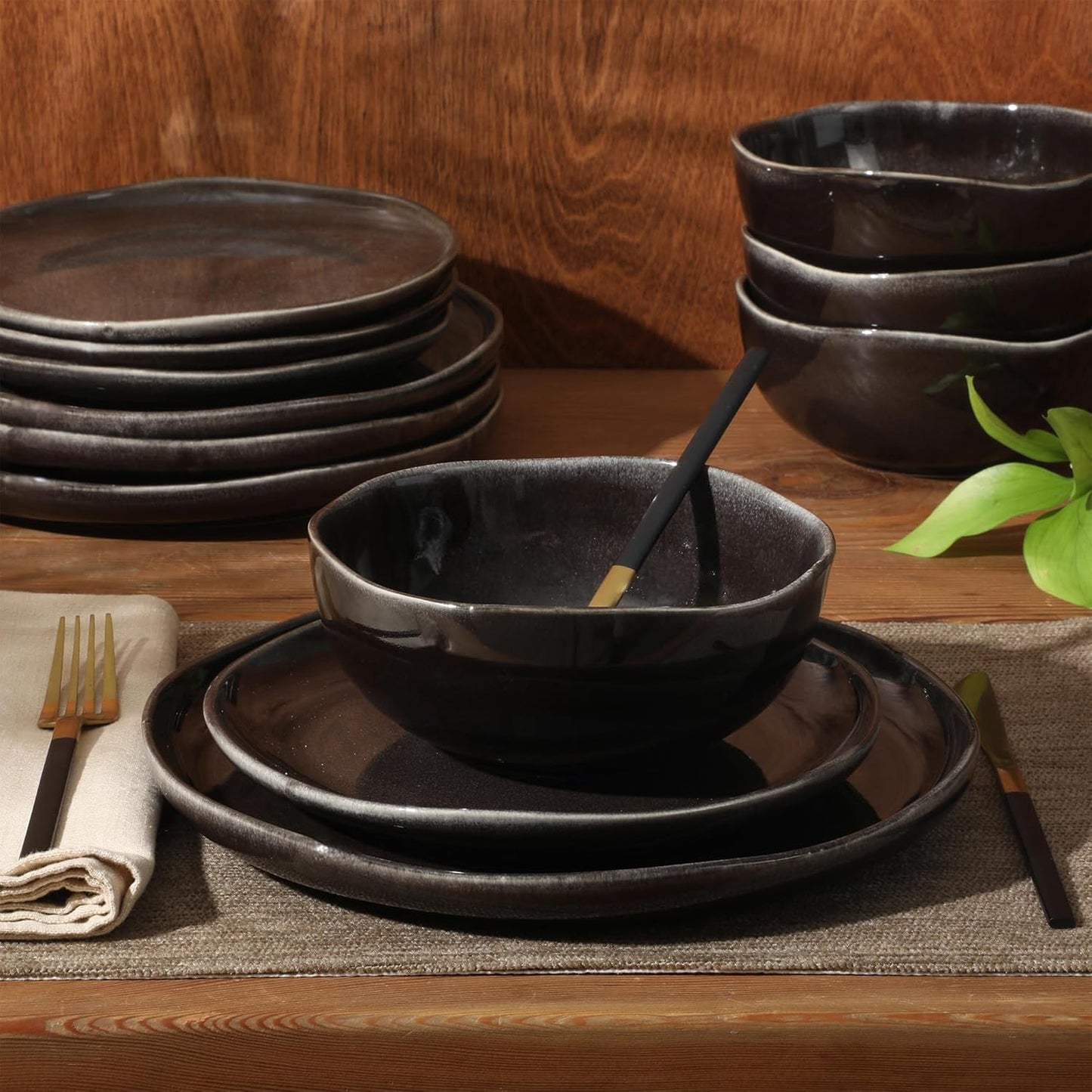 Gibson Elite Nardini 12 Piece (Service for 4) Plates and Bowls Reactive Glaze Dishes Stoneware Ceramic Dinnerware Set - Black