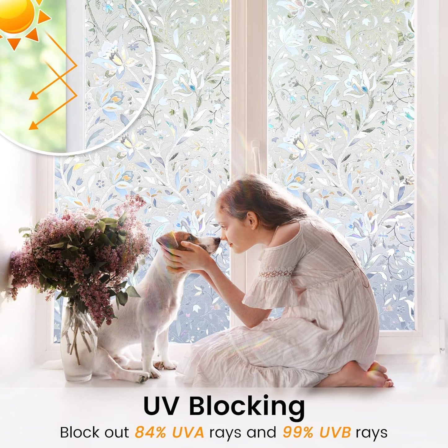 DOWELL Window Privacy Film, 3D Stained Glass Rainbow Films, Decorative Window Vinyl Sun Blocker Door Covering, Static Cling Non-Adhesive Glass Sticker for Home, Blooming Flowers, 35.4"x157.4"