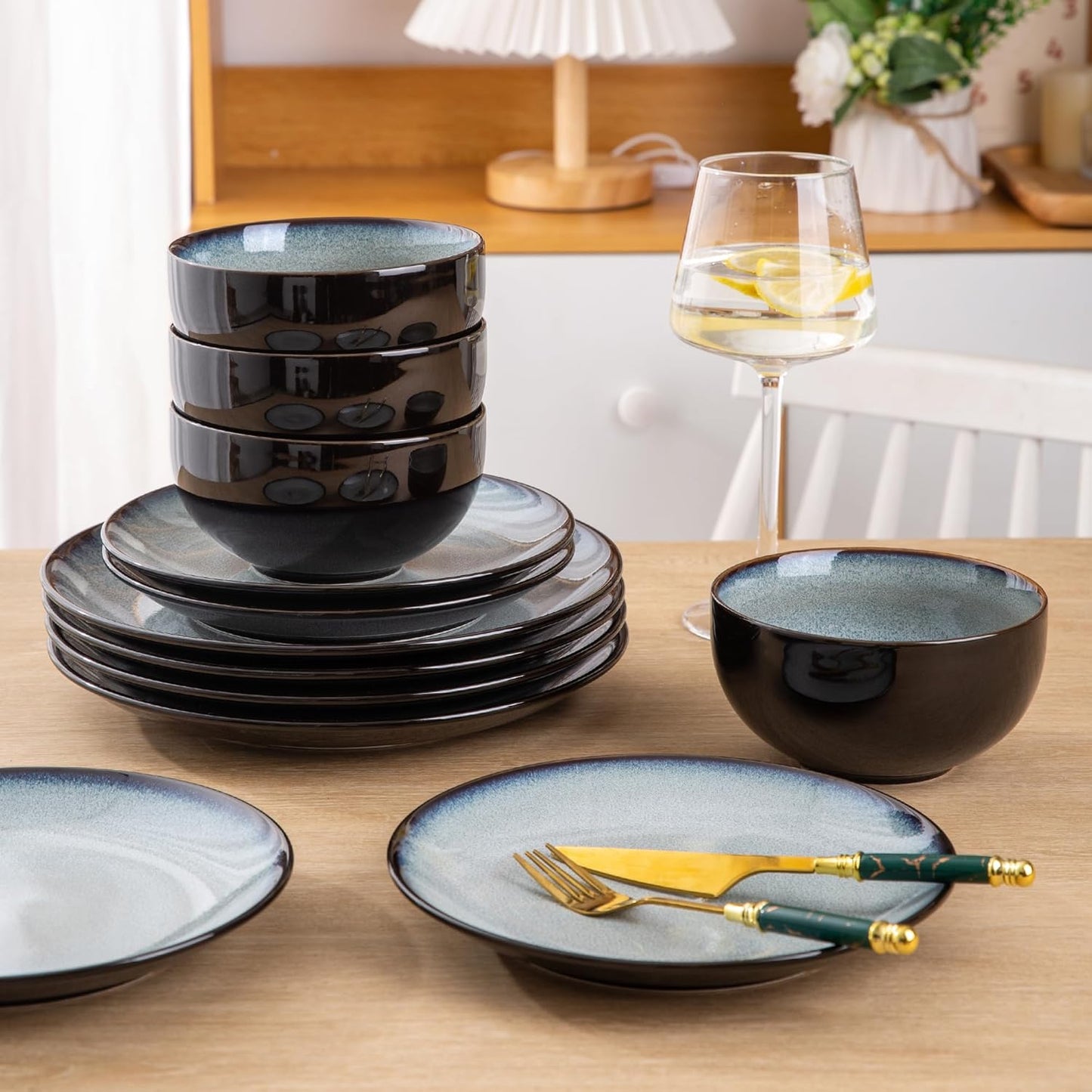 LERATIO Juego de Vajilla de Cerámica LERATIO para 12, 36 Piezas de Platos y Tazones, Esmalte Reactivo - Resistente a Rayaduras, Apto para Lavavajillas, Microondas y Horno