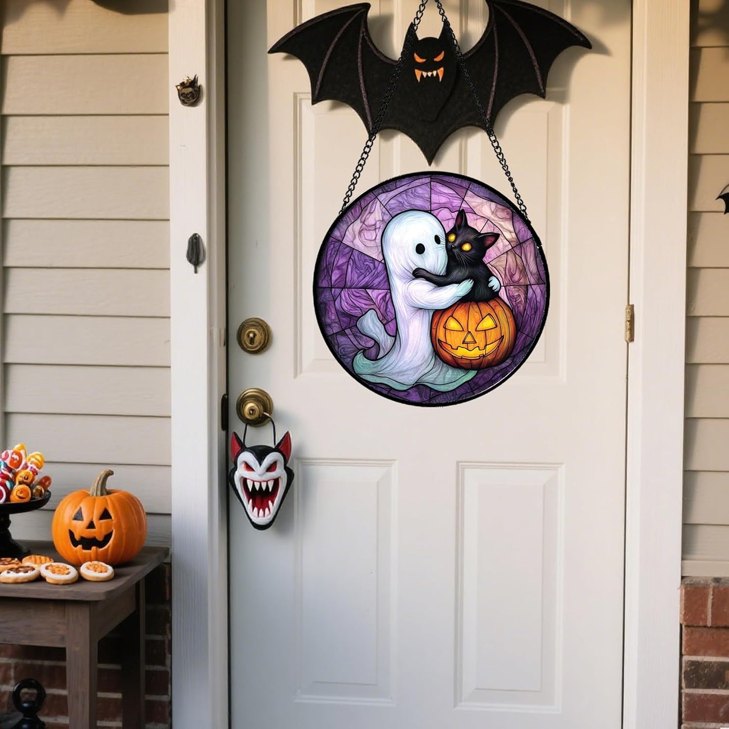 Stained Glass Window Hanging - Halloween Decorations Ghost Black Cat Pumpkin Suncatcher for Door Garden Spooky Purple Sun Catchers Gothic Decor Horror Gifts for Women Men Friend Boy 7.8 in