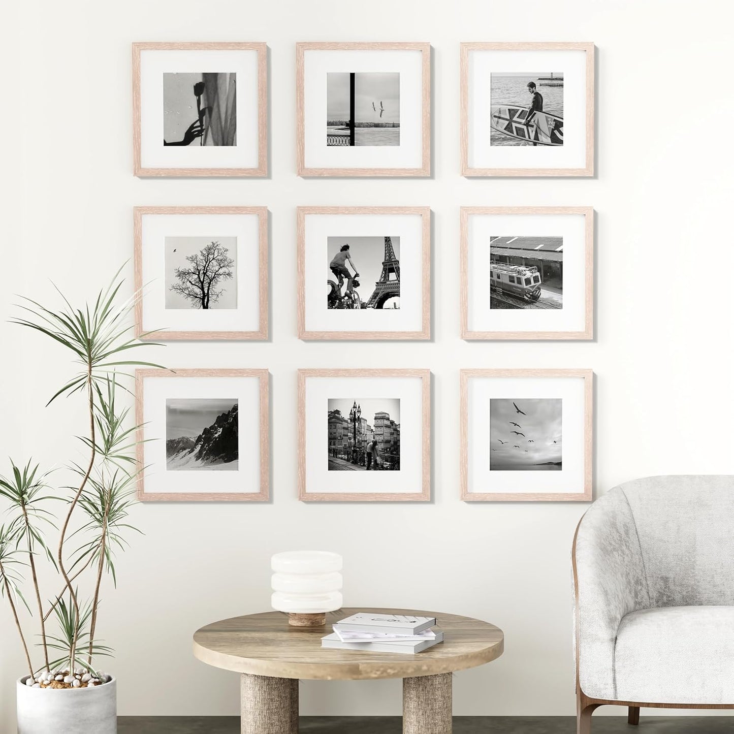 Vittanly 12x12 Picture Frames Set of 9, Shatter Resistant Plexiglass, Display 8x8 Pictures with Mat or 12x12 without Mat, Photo Frames for Wall Mount, Engineered Wood, Rustic Pink