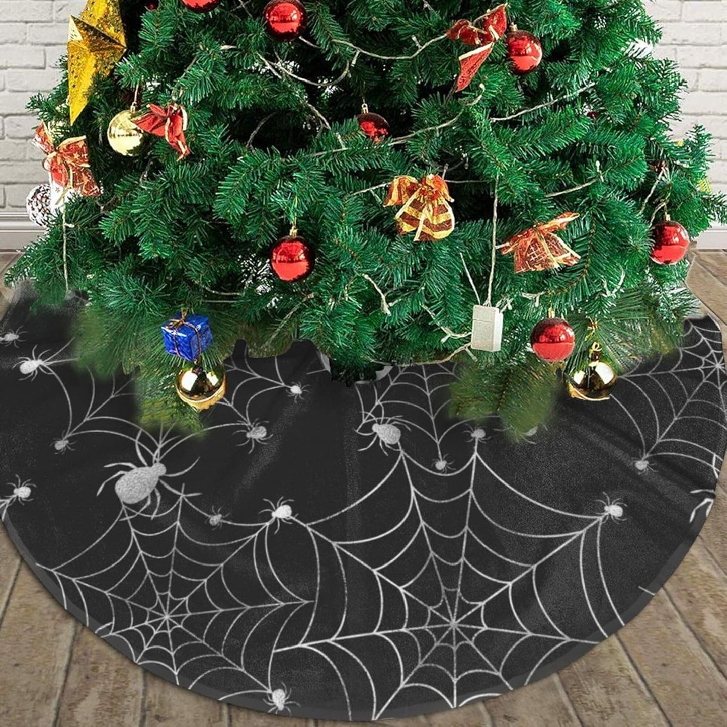 Christmas Tree Skirt,Sliver Spider Web Xmas Tree Skirt Rustic Farmhouse Tree Skirt for Christmas Decor Xmas Holiday Home Party Decorations48