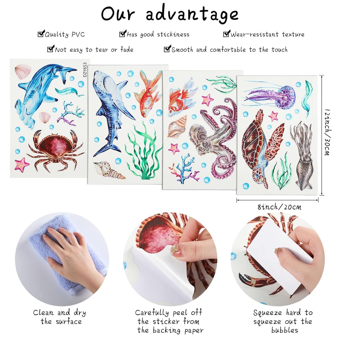 Sabary 4 Pieces Glow in The Dark Ocean Wall Decals Under The Sea Wall Decals Fish Stickers PVC Sea Animals Stickers for Room Living Room Nursery Bathroom Decoration