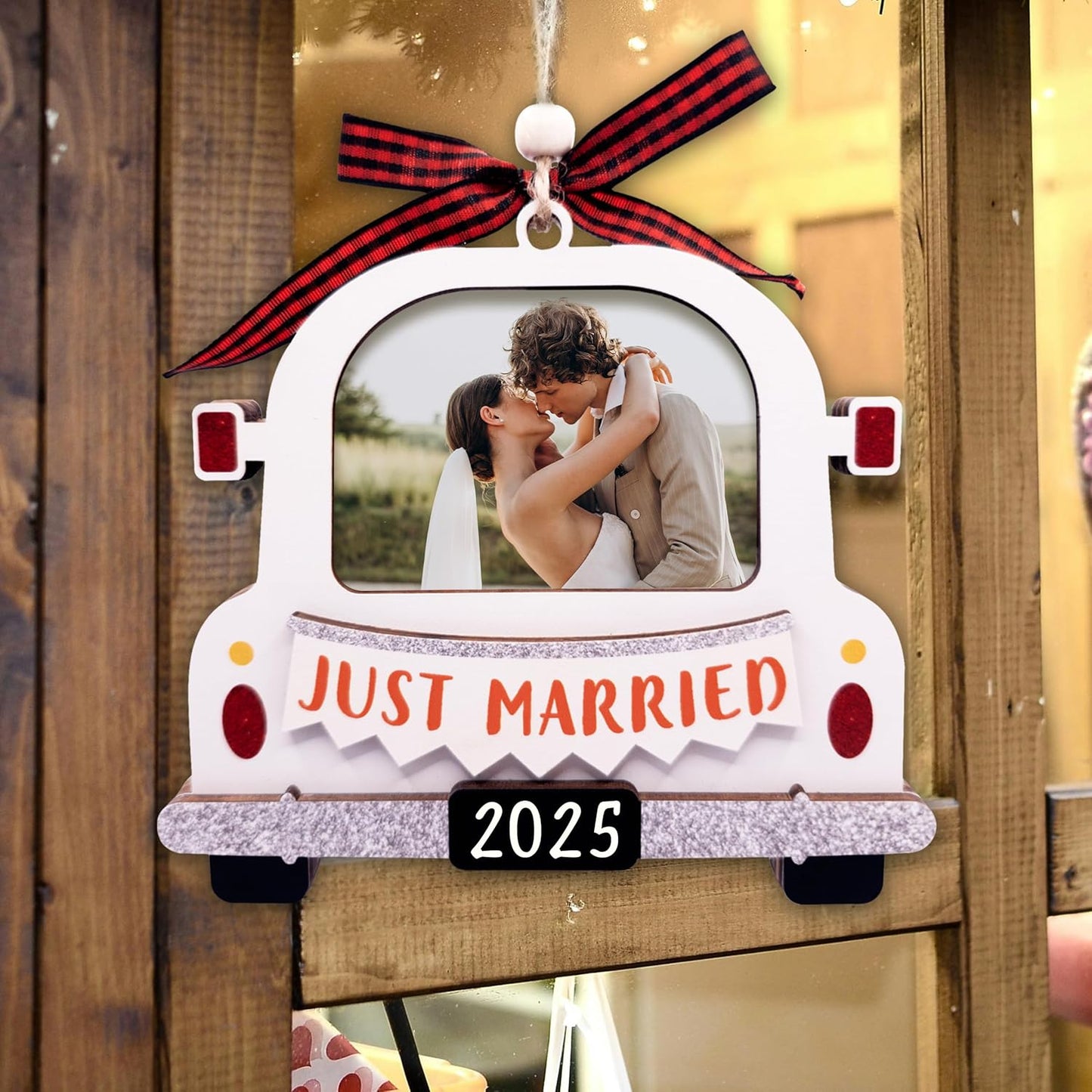 Christmas Photo Frame Ornament, 2025 Ornament, Wooden Picture Frame Ornaments With Hanging String (Just Married 2025)