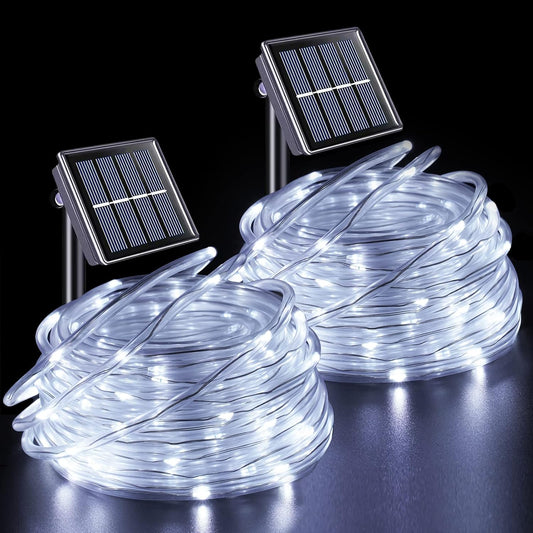 YEGUO 2 Packs Each 33ft 100 LED Solar Rope Lights Outdoor Waterproof, White String Lights for Outside, 8 Modes Fairy Lights in Clear Thin Tube for Camping Fence Patio Garden Trampoline Deck