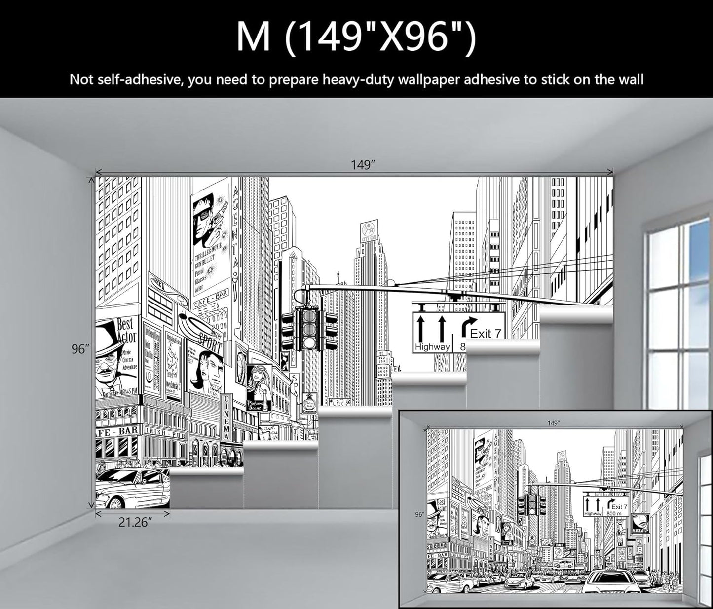 WFBHUA-Black and White New York City Wallpaper Hand Painted Times Square Wall Mural Decoration for Living Room Bedroom Offices(Not Peel and Stick)
