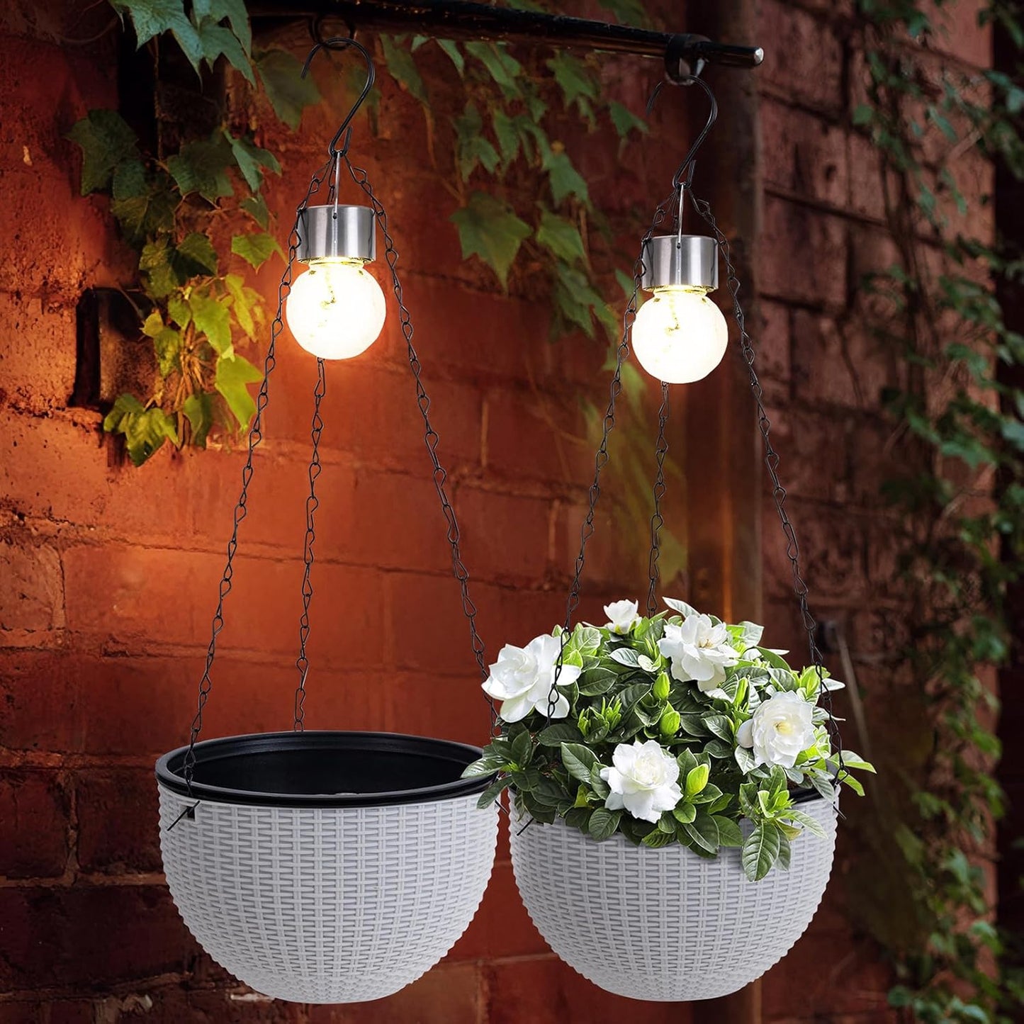 Hanging Pots for Plants Outdoor - 2 Pack White Artificial Rattan Solar Flower Baskets with Drainage Holes & Removable Tray, Garden Gifts for Women/Mothers, Porch, Balcony Decor
