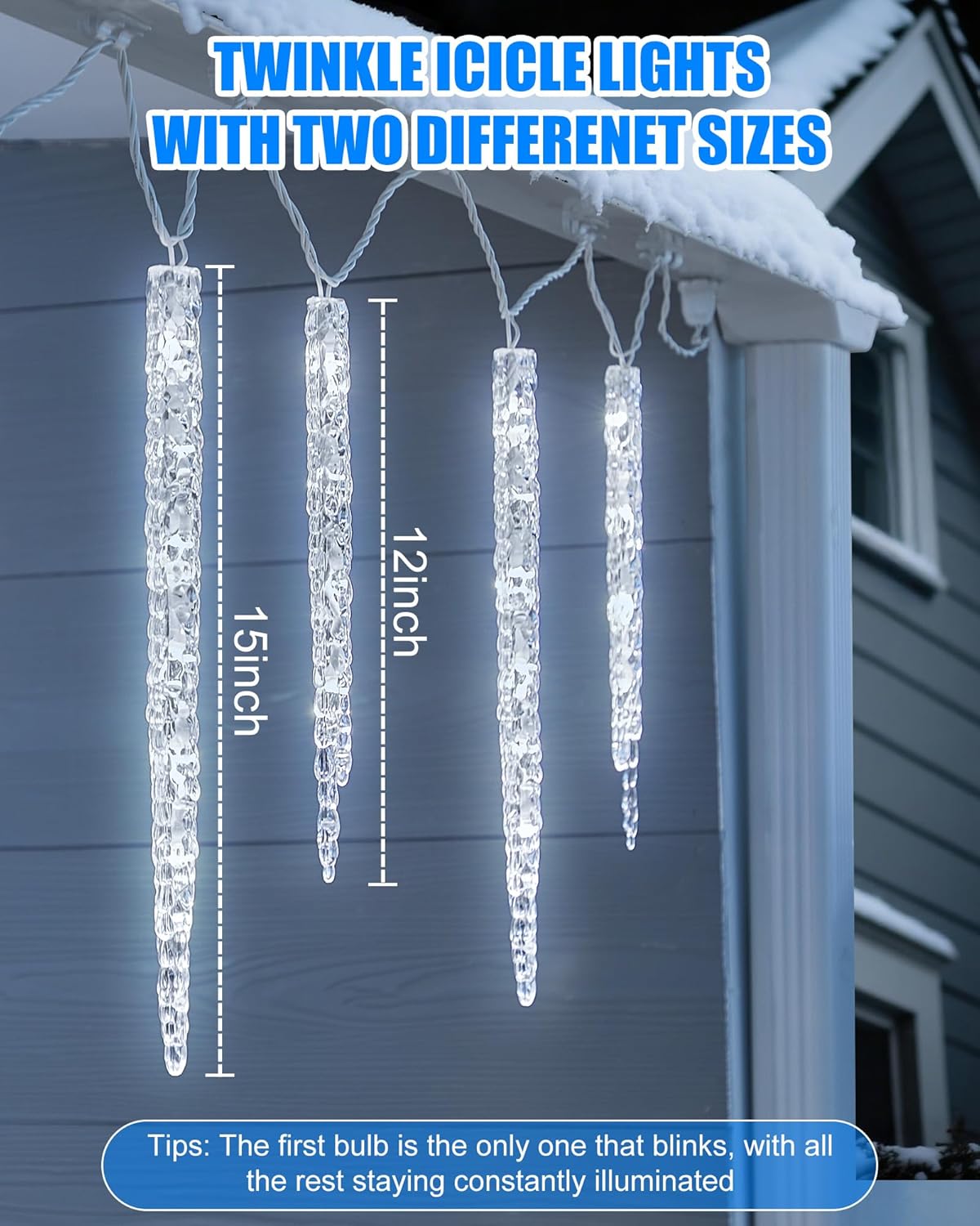 Minetom Christmas Icicle Lights - 2 Pack Total 200 LED 40 Tubes Twinkling Crystal Icicle String, Connectable Waterproof Hanging Christmas Lights Plug in for Winter Eave Holiday Outdoor Decoration