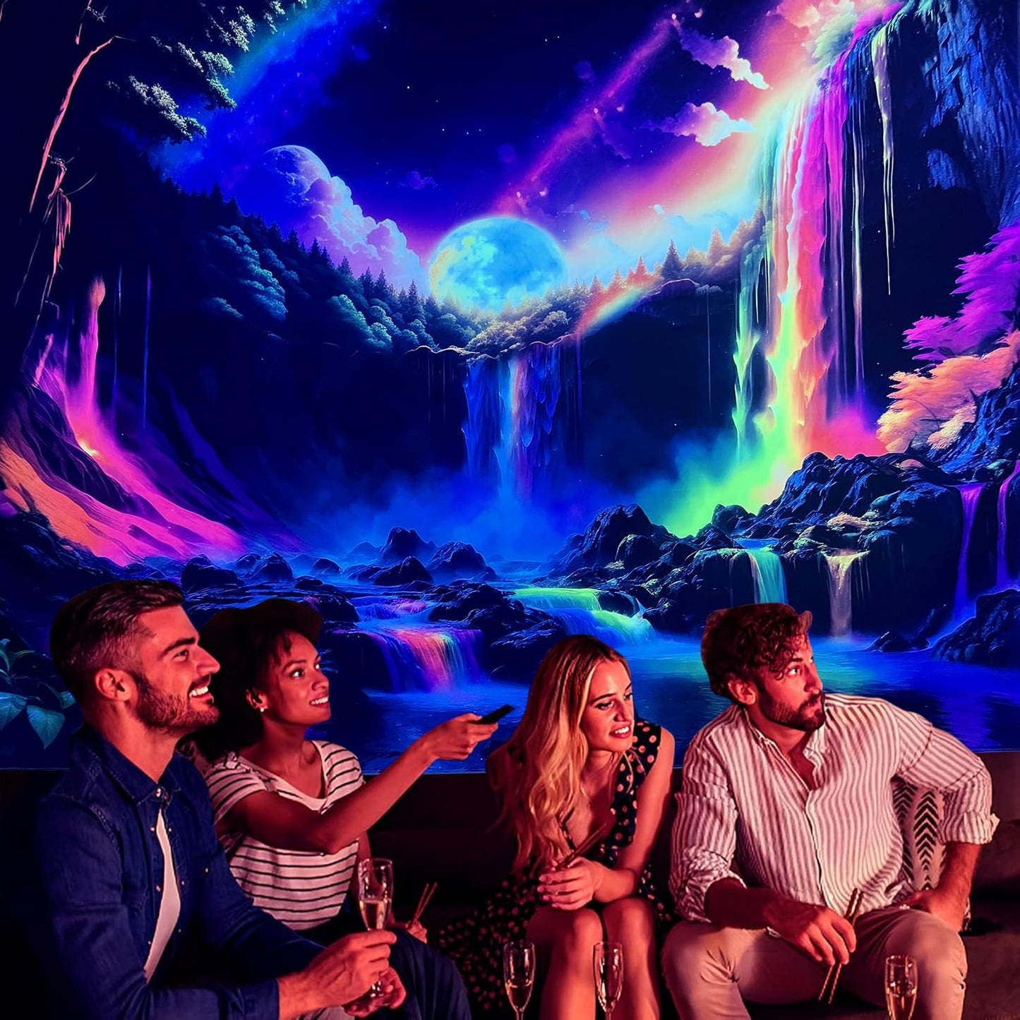 OSVINO Blacklight Rainbow Waterfall Tapestry 59"x51" UV Reactive Trippy Wall Hanging Rainbow Aesthetic Waterfall Wall Posters Bedroom Spiritual Room Decor