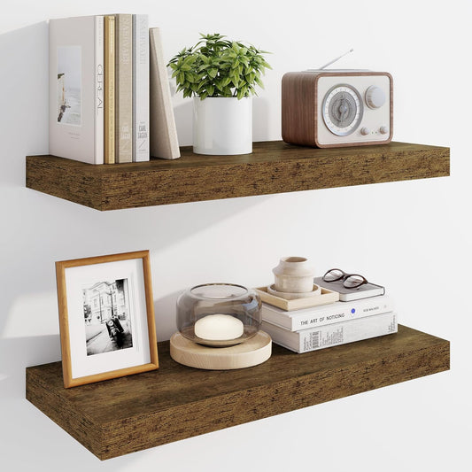 Marsmiles 24" Floating Shelves for Wall, Wooden Shelves with Invisible Brackets Set of 2, Rustic Farmhouse Wall Mounted Shelf for Kitchen Bathroom Living Room Study, Rustic Brown