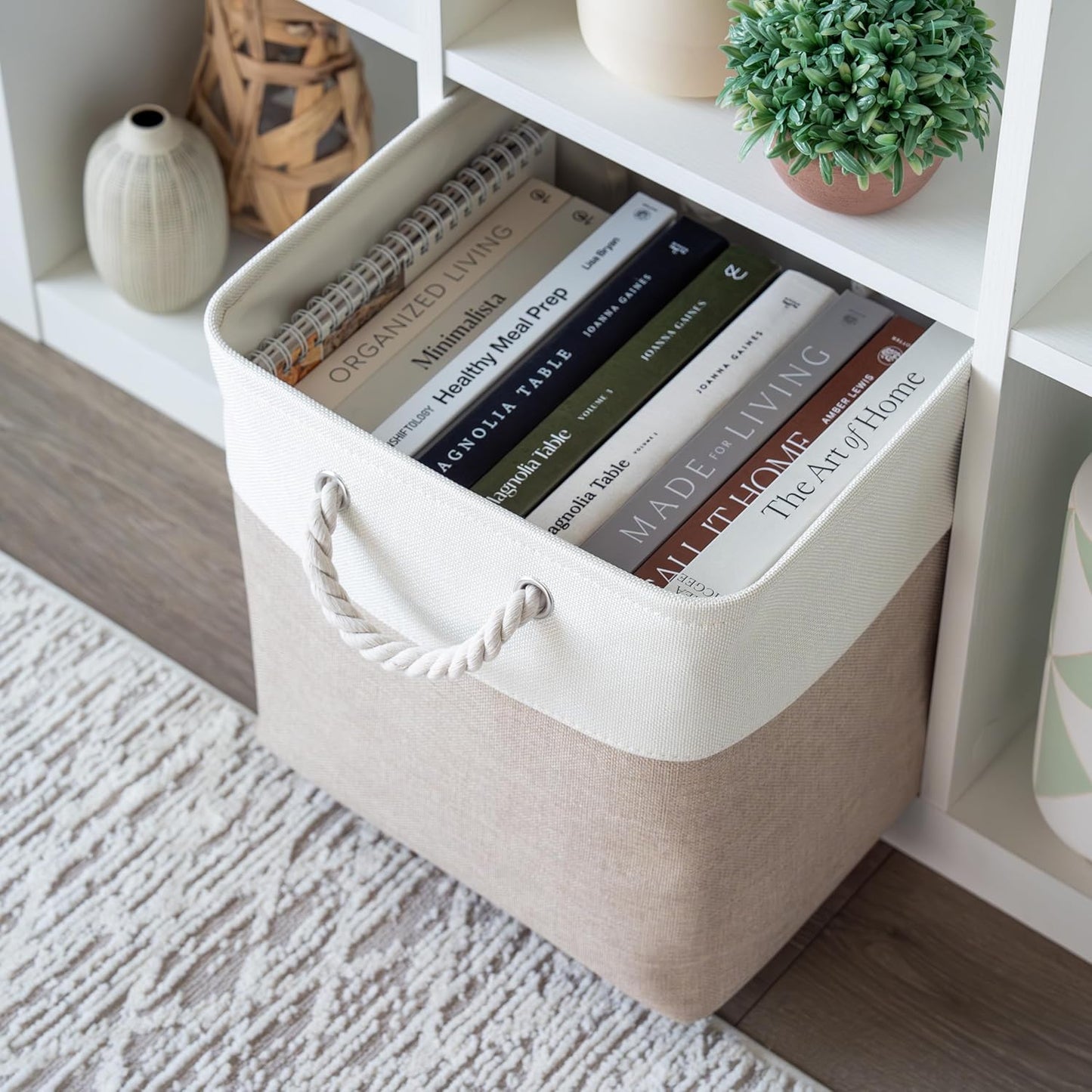 OrganiHaus 13x13 Cube Storage Bins 4 Pack, Foldable Cube Storage Organizer w/ Rope Handles, Collapsible Fabric Bins for Toys, Clothes & Closet Organization, Fabric Square Baskets - Beige/White