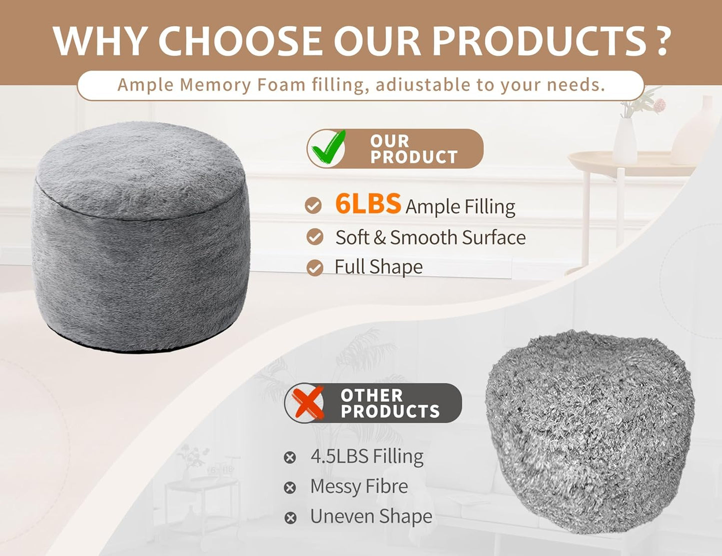 Round Pouf Ottoman 20"x15" Bean Bag Ottoman Soft Top Comfortable Small Foot Stool Foot Rest Pouf Brown Tall Footstool Ottomans Round Hassock Fluffy Boho Furniture Small Ottomans for Living Room