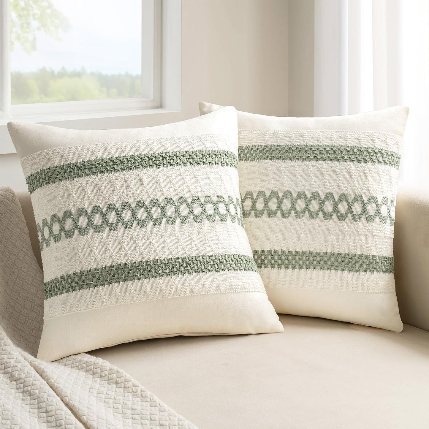MIULEE Set of 2 Sage Green Boho Decorative Pillow Covers 24x24 Inch Farmhouse Rustic Couch Throw Pillows Modern Summer Cotton Cushion Covers Retro Cute Macrame Woven Home Decor for Bed Sofa Chair