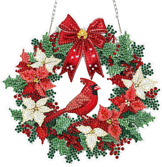 MEIYUDA Christmas Diamond Art Hanging Kits for Adult, Cardinal Wreath Diamond Painting Hanging Kits Ornaments, DIY Special Shaped Rhinestone Window Pendants kit for Home Garden Wall Decor Gift