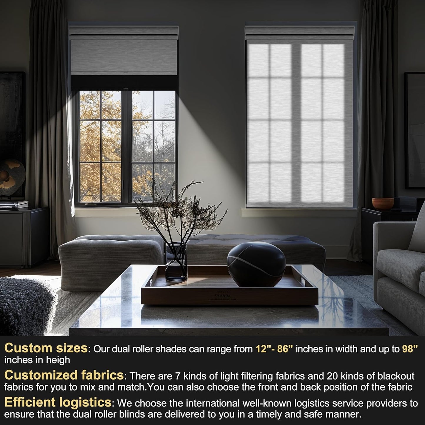 BERISSA Cordless Dual Roller Shades with Cassette Valance, Blackout and Light Filtering Shades, Day and Night for Home Office Doors. Linen Black and White. 43 W x 86 H