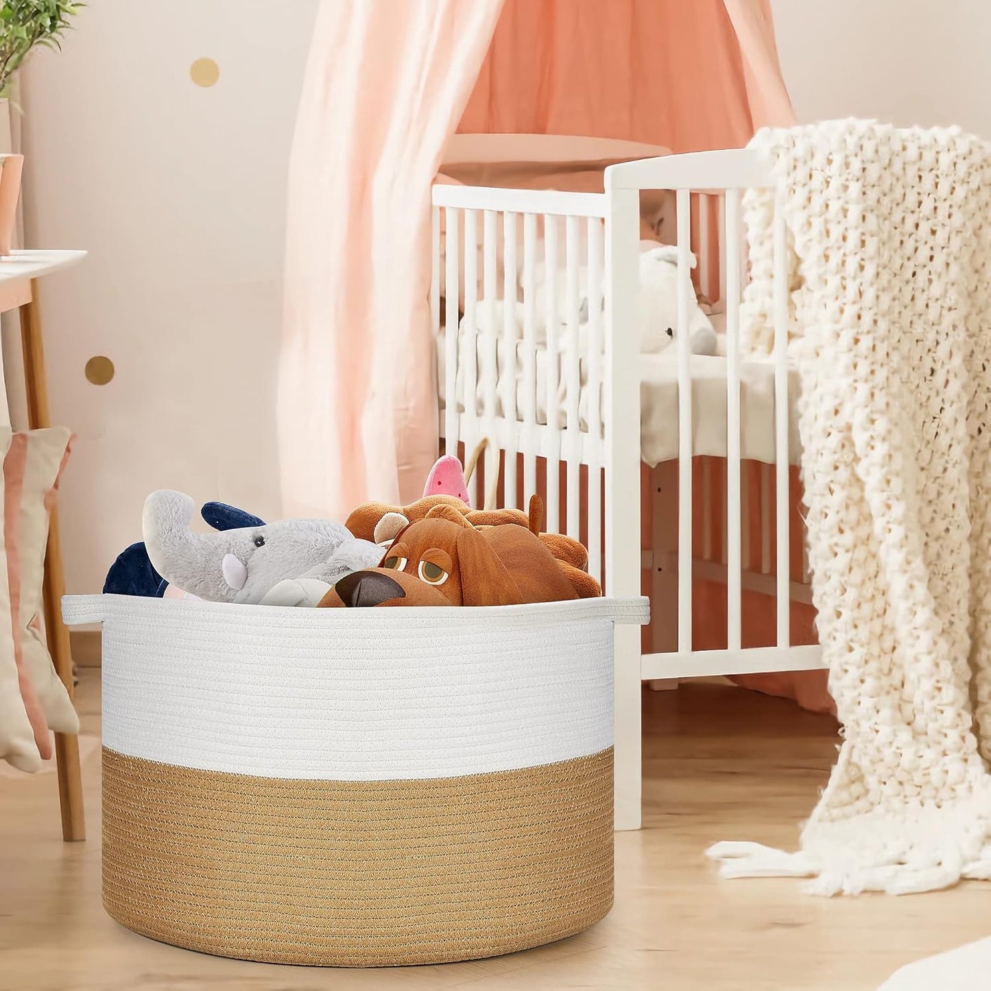 Ravinte Blanket Basket - 20"x 20"x 13" Cotton Rope Basket for Living Room, Baby Toy Storage Basket, Large Woven Laundry Basket (White -Brown)