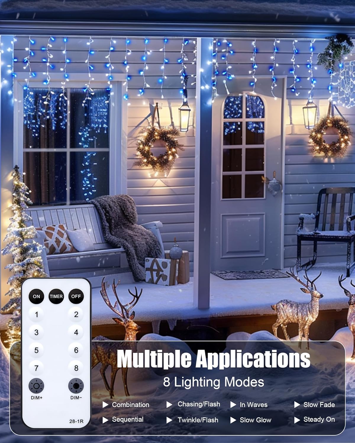 Brightown Icicle Lights Outdoor, 20Ft Christmas Lights with 30 Drops, 1125 LED Firecracker Icicle Christmas Light Outdoor with Timer for House Eaves Wedding, Blue and White