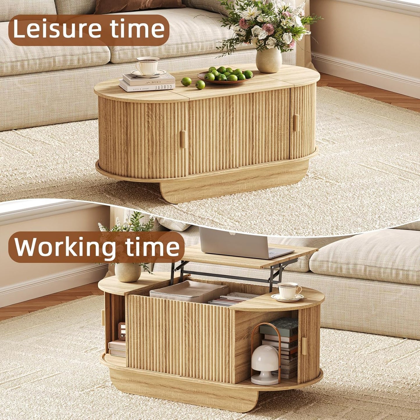 Lift Top Coffee Table with Storage,Oval Wood Coffee Table with Sliding Doors & Hidden Compartment, Fluted Center Table for Home,Living Room,Office, Natural