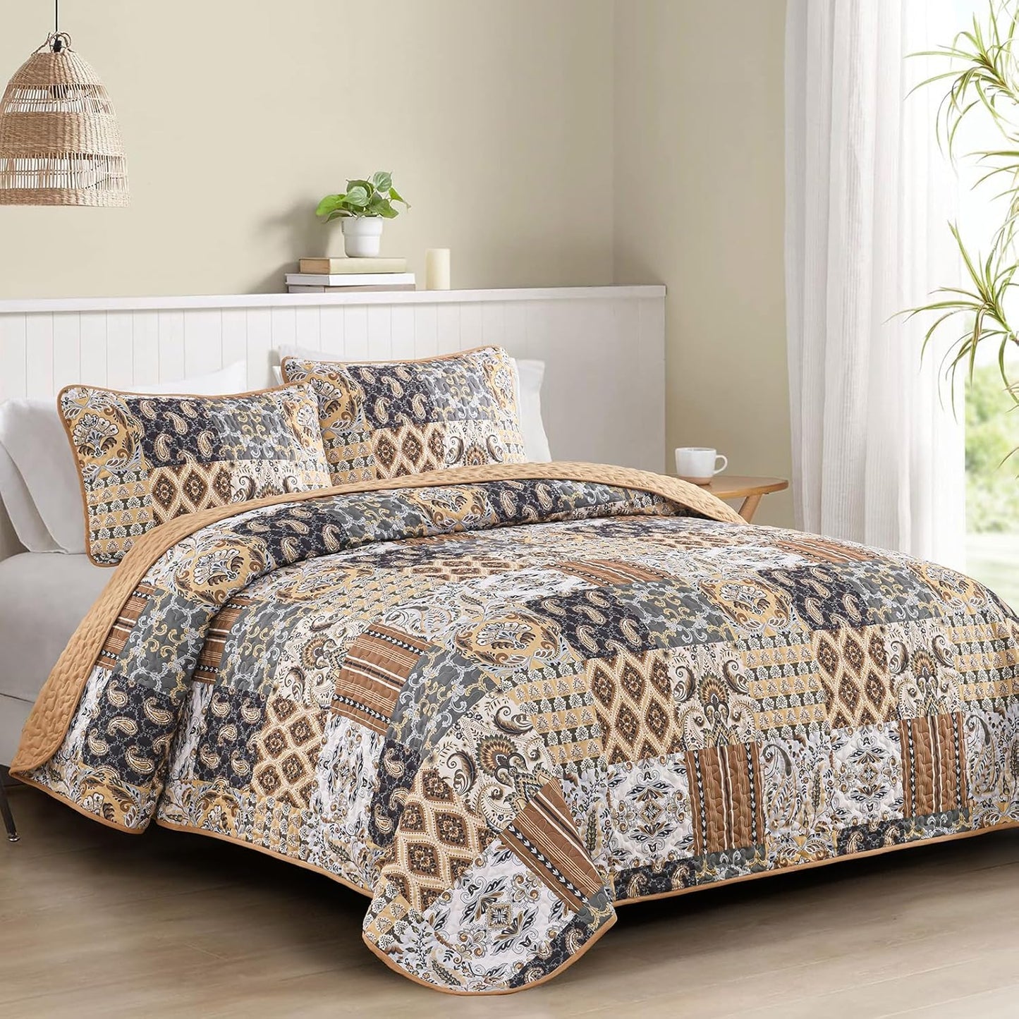 WONGS BEDDING Boho Quilt Set Queen Size, Dark Brown Plaid Patchwork Bedspread Bedding Set Soft Microfiber Quilt for Queen Bed Reversible 3 Pieces Coverlet Set for All Season (96"x90")