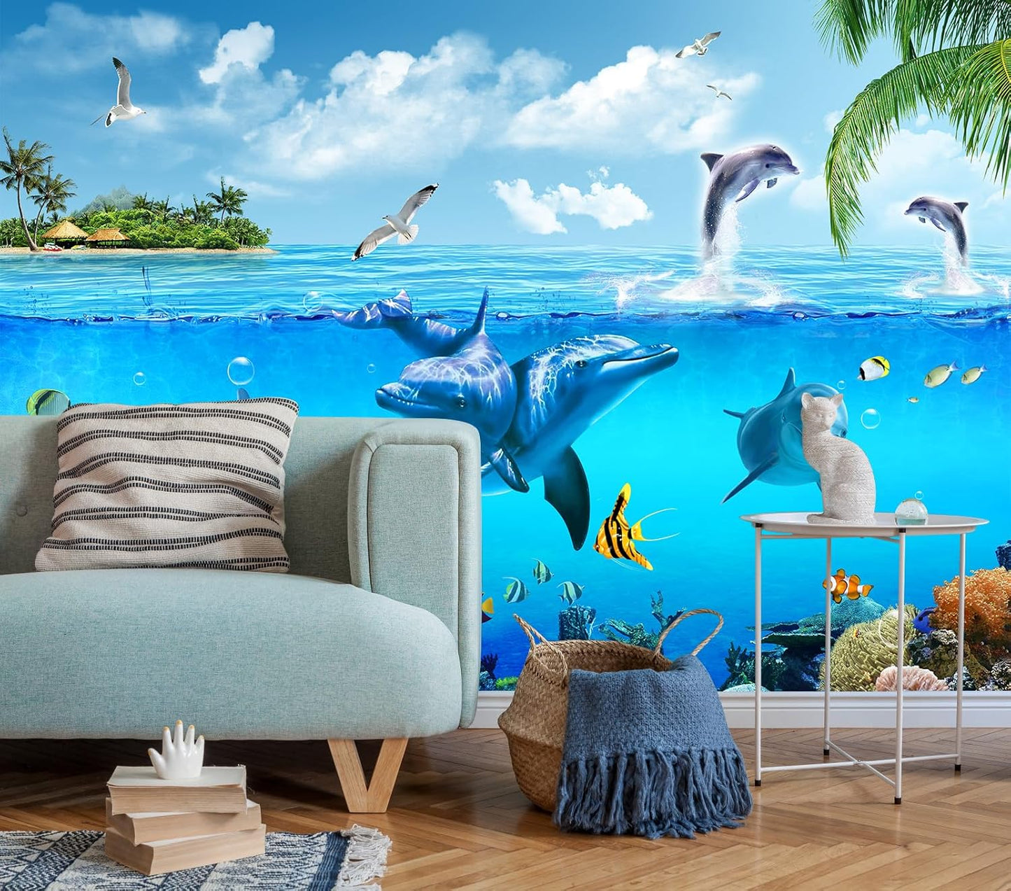 Ocean Wallpaper White Gull Dolphin Wall Mural for Bedroom Living Room (Not Peel n‘ Stick)