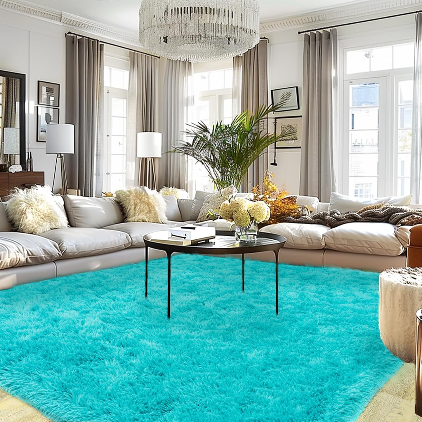 Extra Large Fluffy Area Rug for Bedroom Living Room, 9x12 Feet Teal Blue Modern Indoor Carpets Room Colorful Rugs, Plush Indoor Nursery Classroom Home Decor Bedside Rug with Non-Slip Bottom