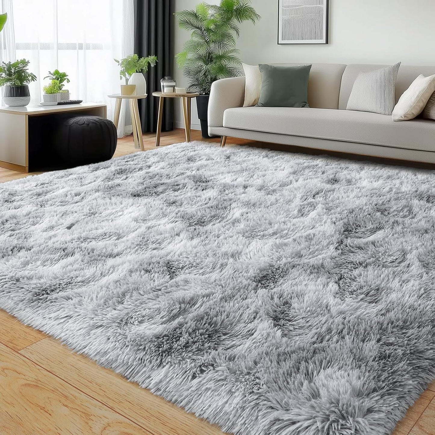 Rezutan Area Rugs 8x10 Living Room, Large Fluffy Rugs for Bedroom, Soft Carpet Shag Kids Room Rug,Fuzzy Rugs Indoor W/Non-Slip Bottom (Grey Tie-Dyed)