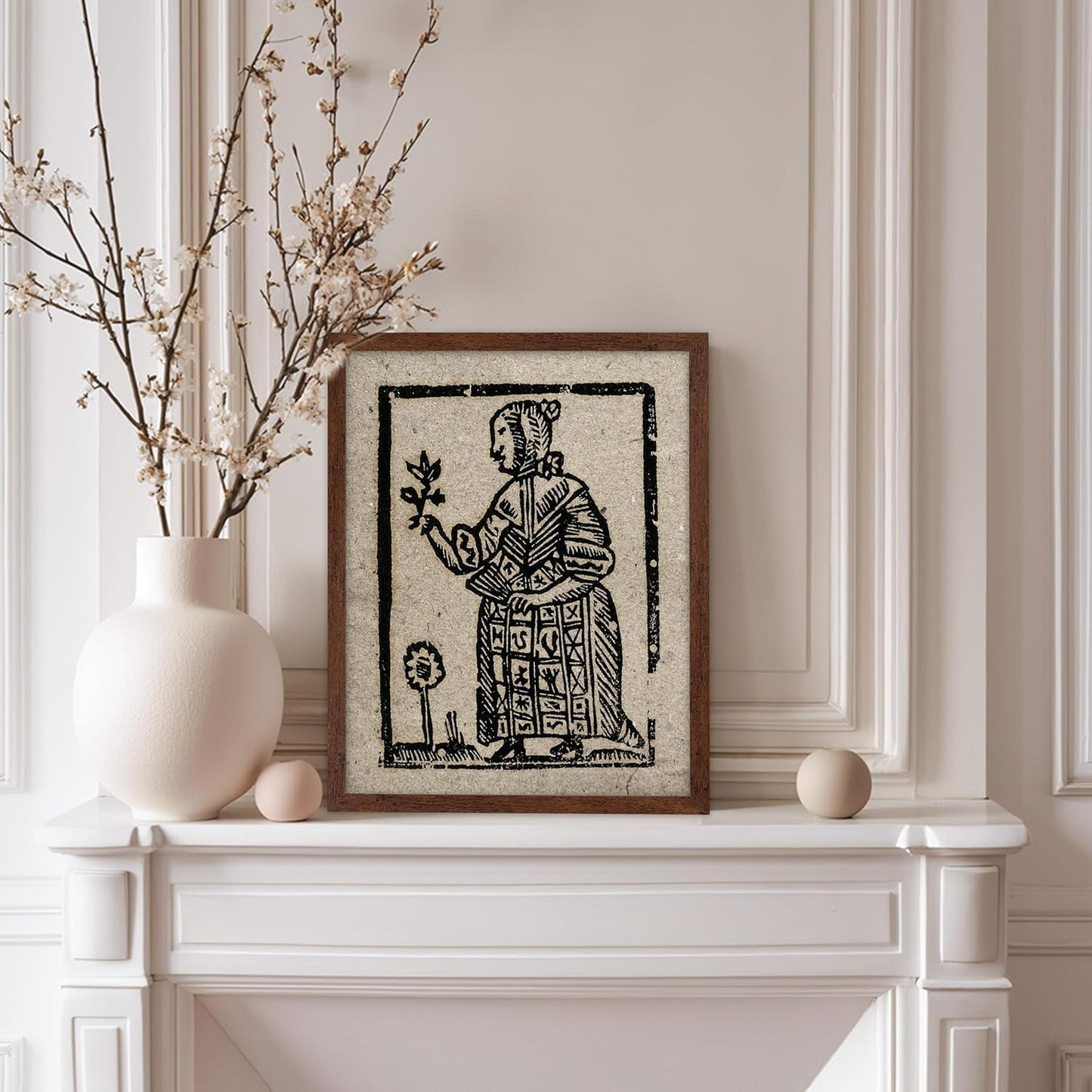 Poster Master Vintage Woodcut Poster - Retro Medieval Print - Gift for Gothic, Horror Fan - Witch Holding a Plant, Magic, Spell, Herbalist - Wall Decor for Bedroom, Dorm, 8x10 Brown Framed