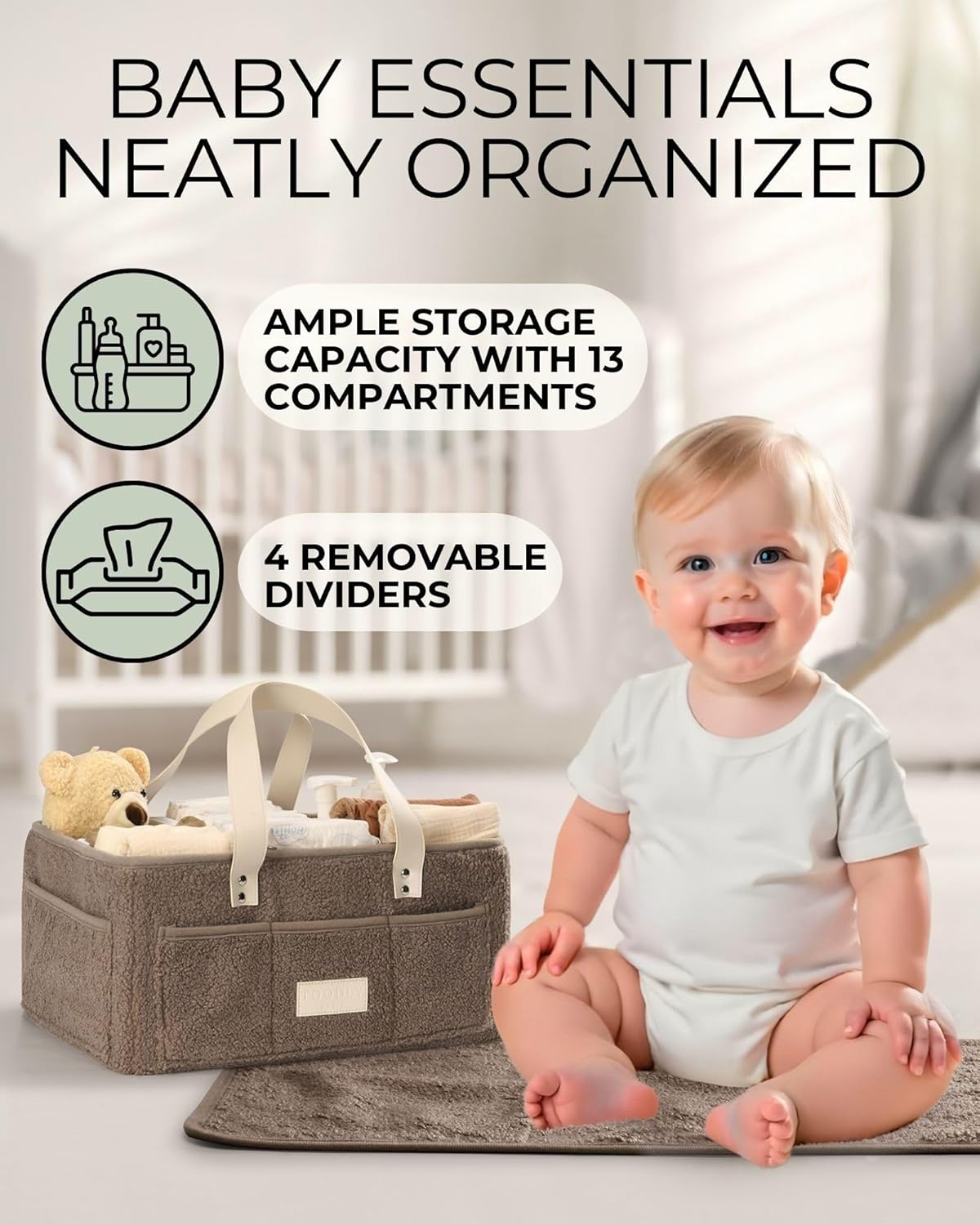 Baby Diaper Caddy Organizer with Portable Changing Mat - Teddy Fleece Diaper Organizer for Changing Table - Basket for Changing Essentials - Baby Essentials Organizer with Removable Dividers