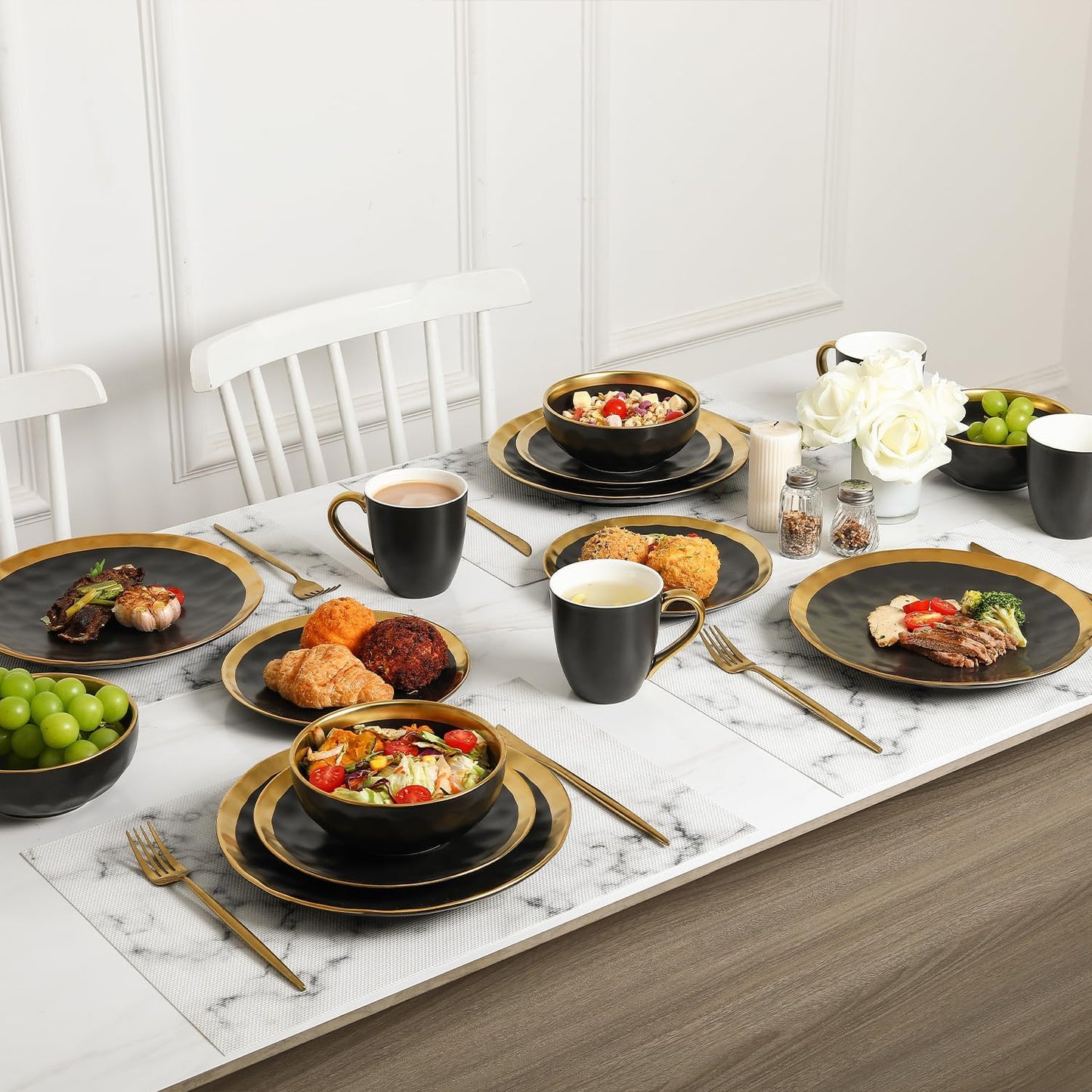 vicrays Coffee Mug Set, 11 Ounce, Set of 6, Ceramic Mug for Men, Women, Unique Glazed Mugs with Handle for Coffee, Tea, Milk, Cocoa, Cereal(Black with Golden)