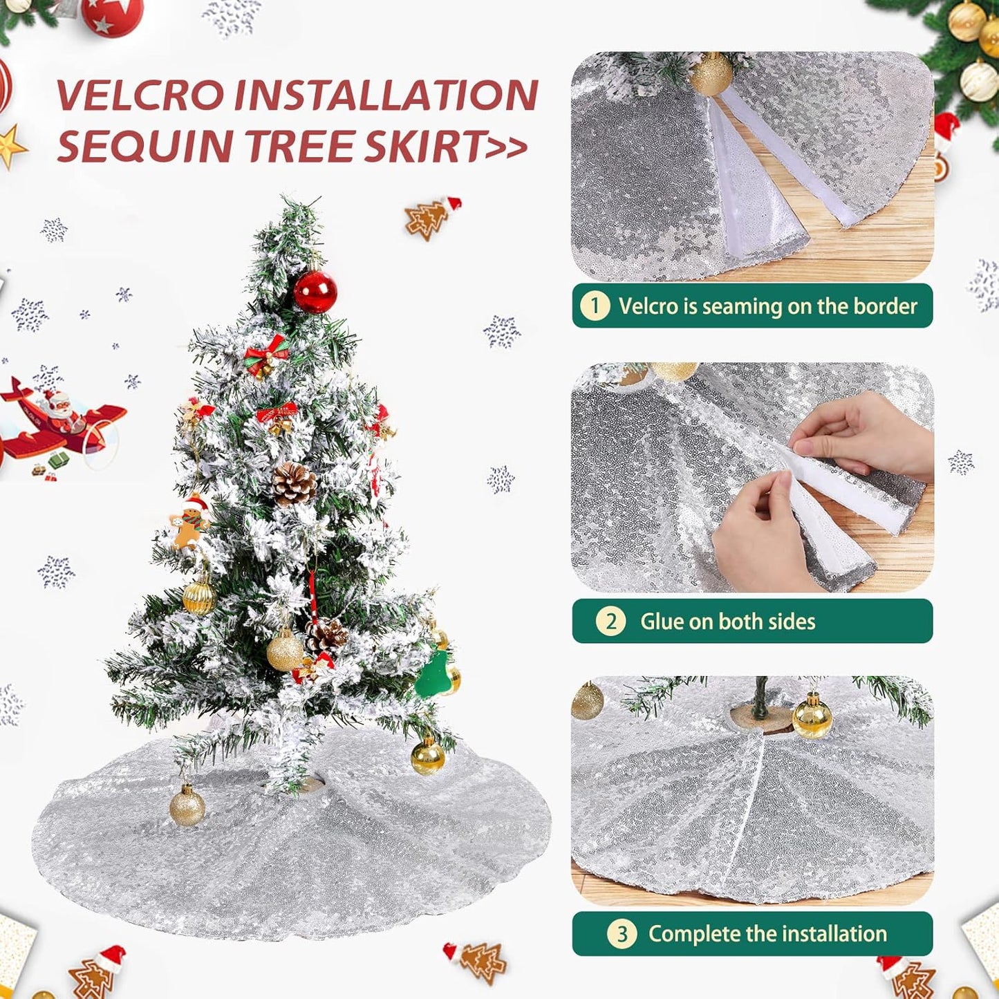 Christmas Tree Skirt Silver 48 Inch Round Tree Skirt Sequin Christmas Tree Skirt for Christmas Decoration