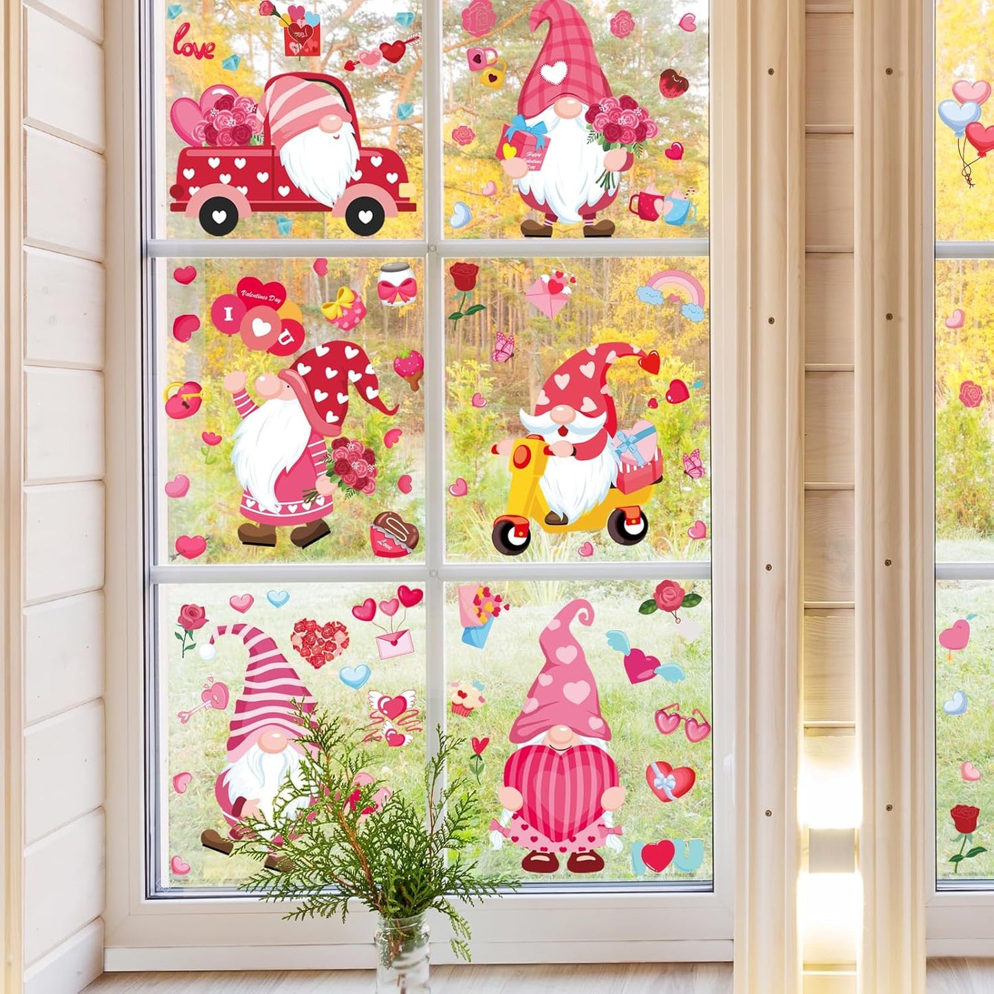 DC-BEAUTIFUL 107 PCS Valentines Window Clings, 9 Sheets Double-Sided Pink Love Heart Gnome Valentine Decoration Window Stickers, Reusable Static Holiday Window Decals for Home Wedding Party Decors
