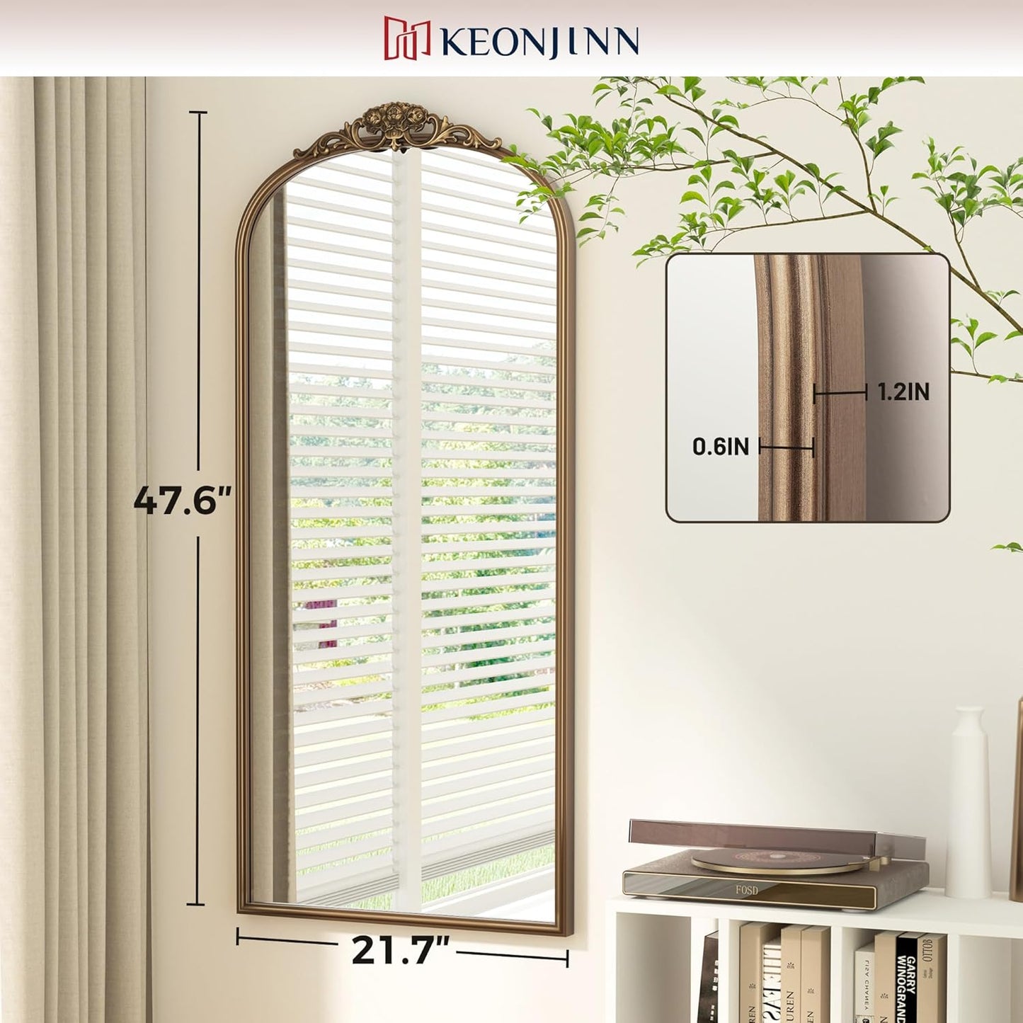 Keonjinn Arched Gold Wall Mirror, 48" x 22" Vintage Wall Mirror with Metal Frame, Traditional Brass Mirror, Decorative Baroque Mirror for Hallway, Fireplace, French Cleat Mounting