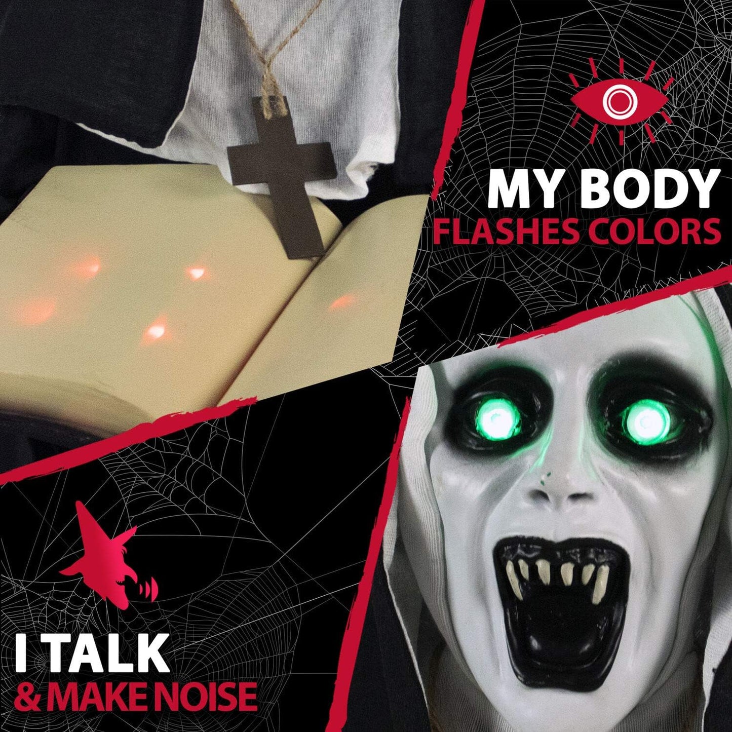 Haunted Hill Farm Life-Size Scary Talking Witch Nun Halloween Animatronic with Touch Activated Lights and Sound, Poseable, Battery Operated Indoor or Covered Outdoor Creepy Halloween Decorations