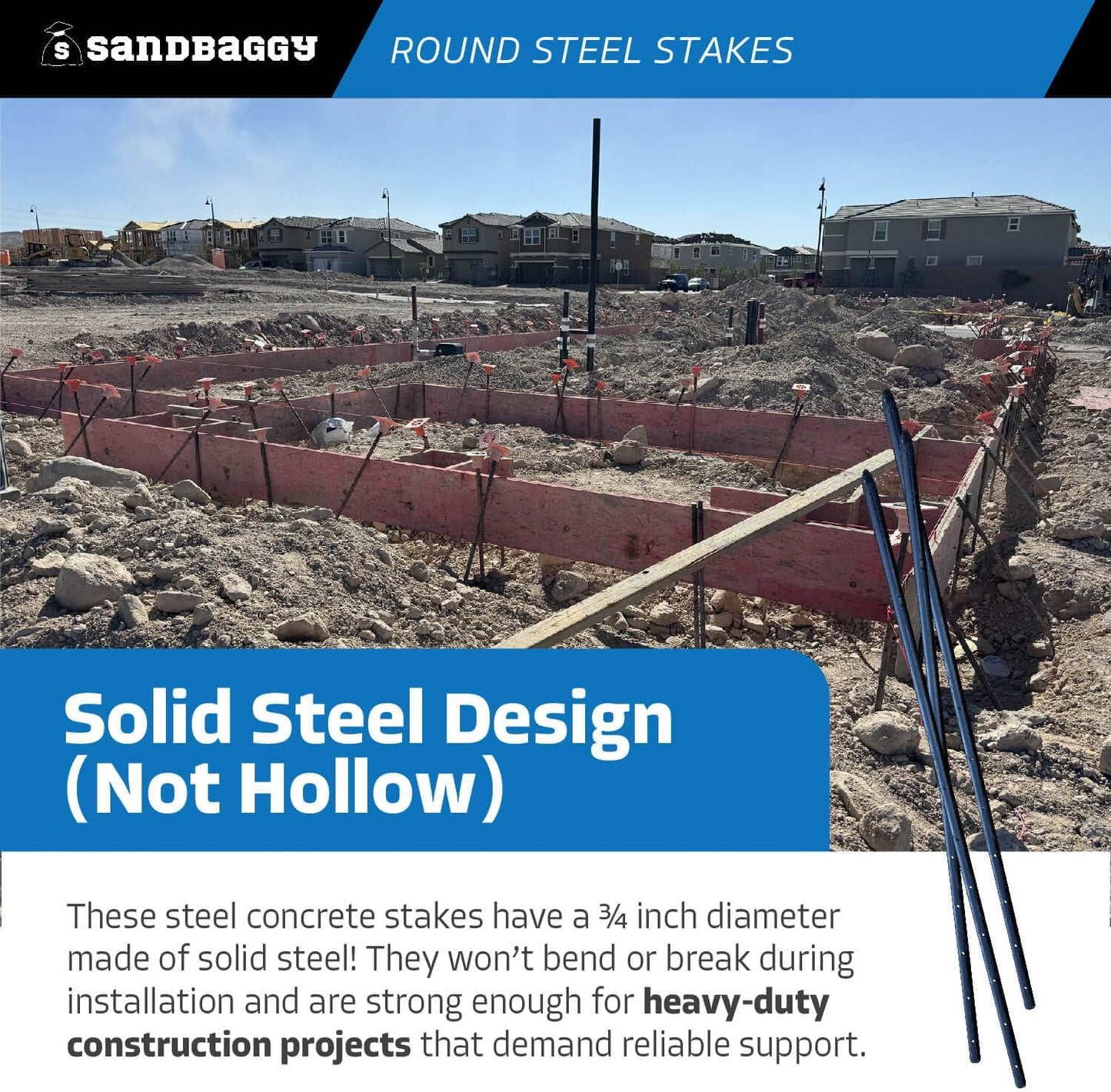 Sandbaggy Round Steel Concrete Form Stakes with Nail Holes - Rust Resistant Coating - Removable, Reusable (10, 3/4 in X 36 in)