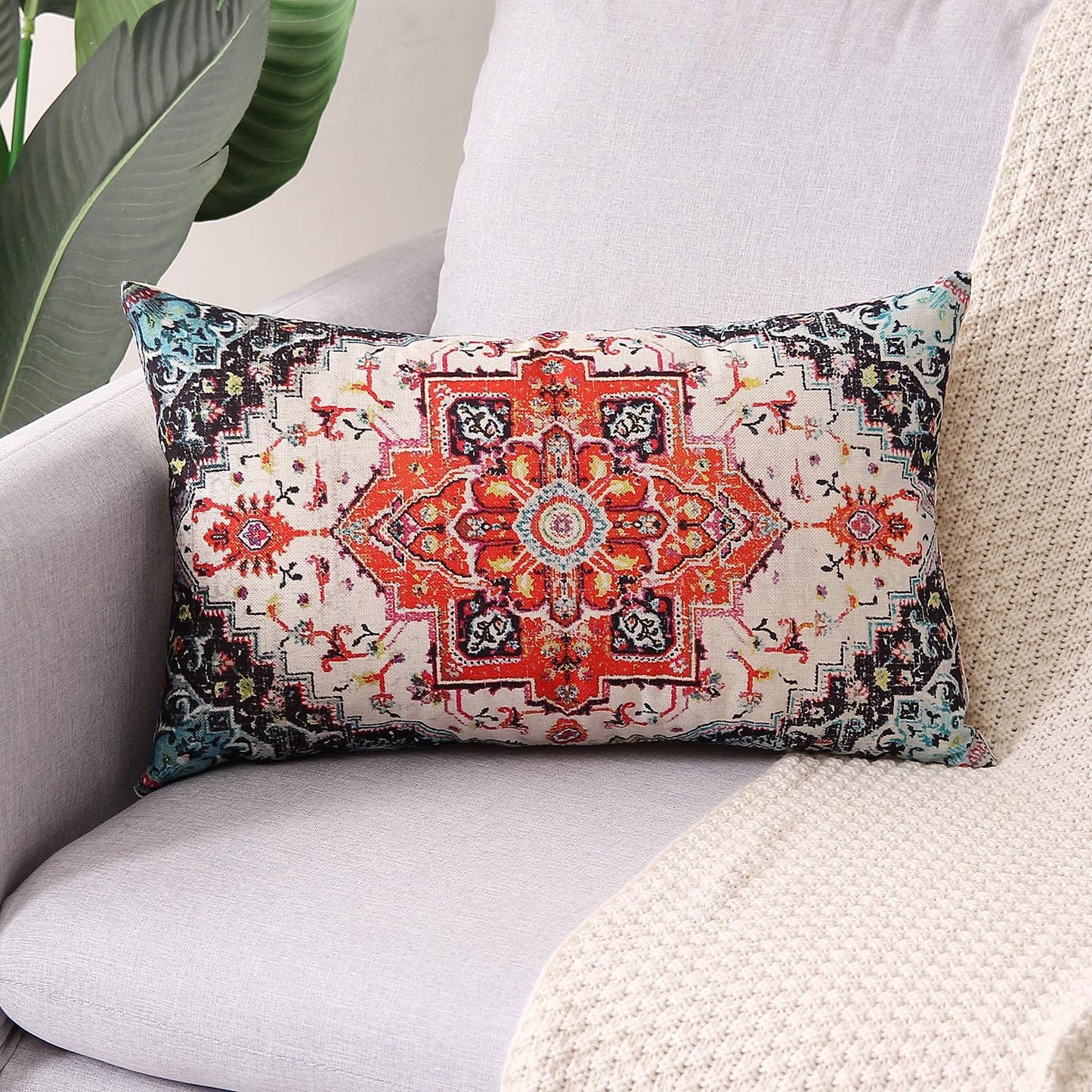 Outdoor Waterproof Pillow Covers - 12 x 20 Inch Set of 2, Orange Bohemian Vintage Carpet Pattern, Ethnic Design Decorative Farmhouse for Couch, Garden, Balcony