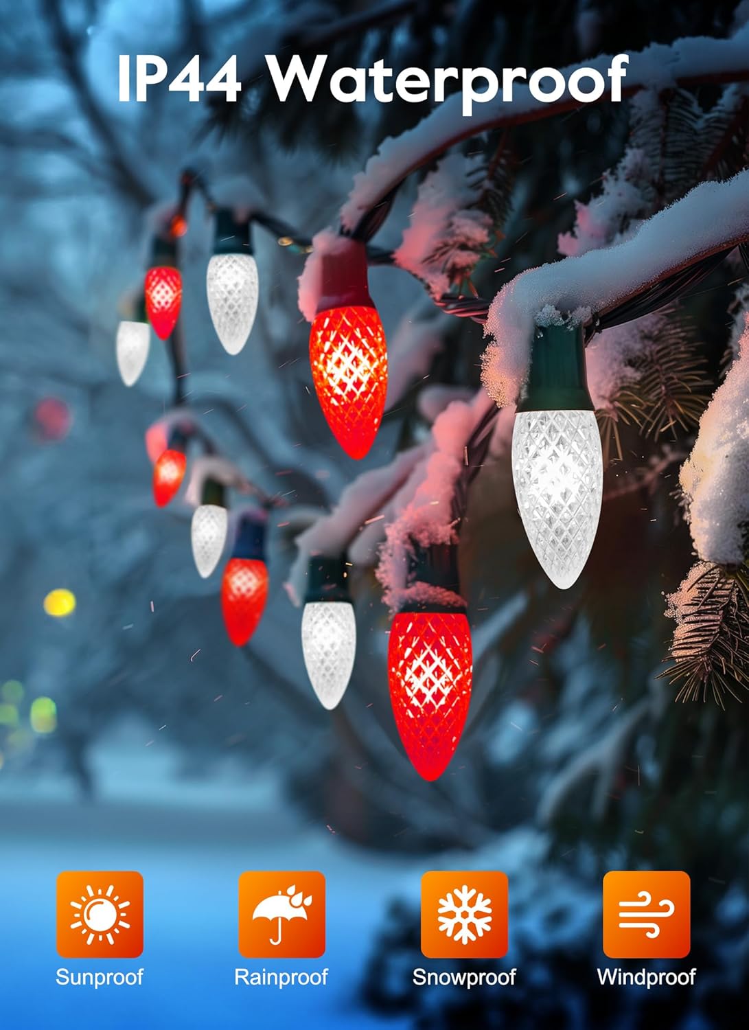 Outdoor Christmas Lights, 100 Ft LED Commercial String Lights With Red and Pure White Strawberry C9 Bulbs, Waterproof Connectable UL Certified for Indoor Home Yard Xmas Tree Decor