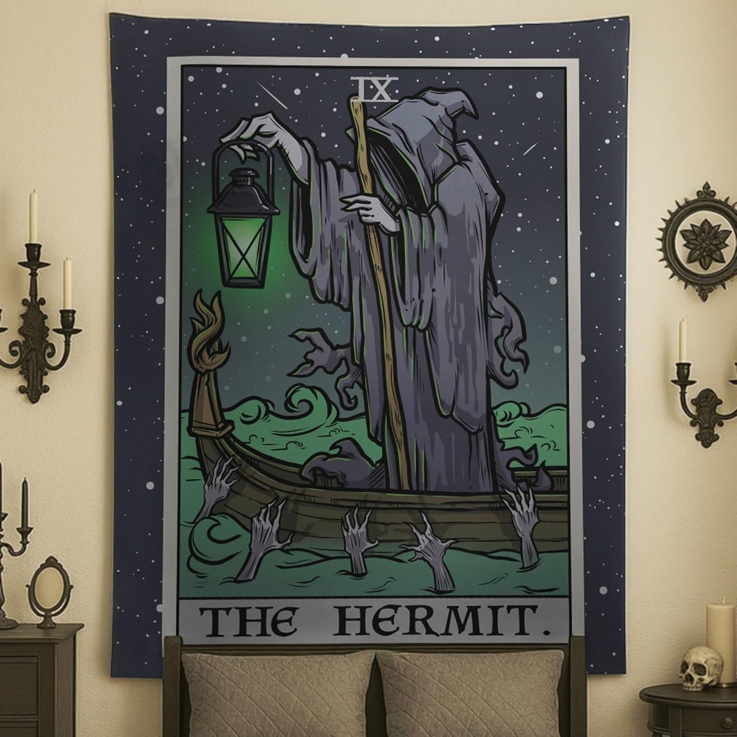 The Hermit Tarot Card Tapestry - Grim Reaper - Gothic Halloween Home Decor Wall Hanging (60" x 50")
