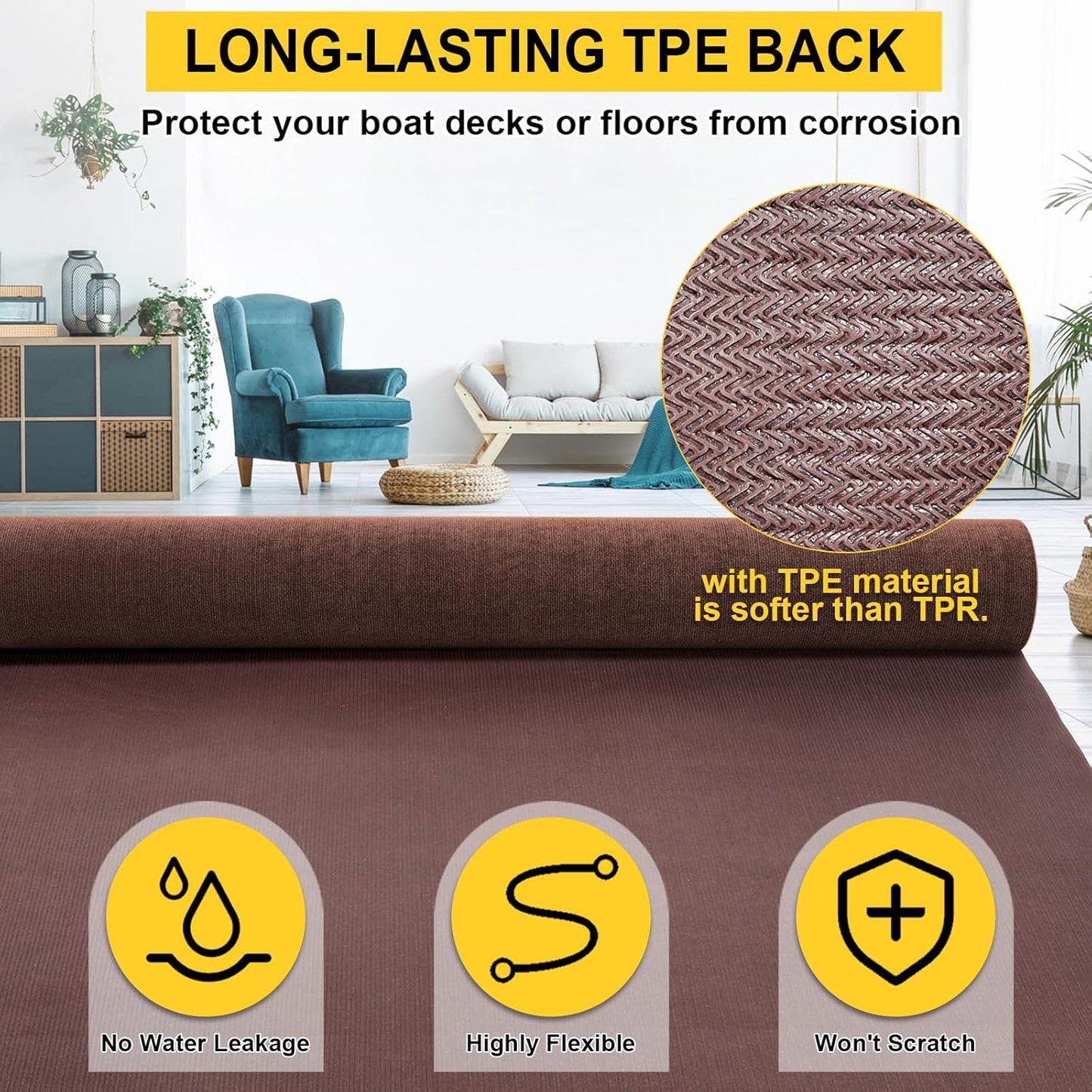 Marine Carpet, 6 FT x 10 FT Brown Indoor Outdoor Surface 0.2" Thick Boat Carpet with Water-Proof TPE Backing, Non-Slip Marine Rug for Home, Patio, Porch, Deck
