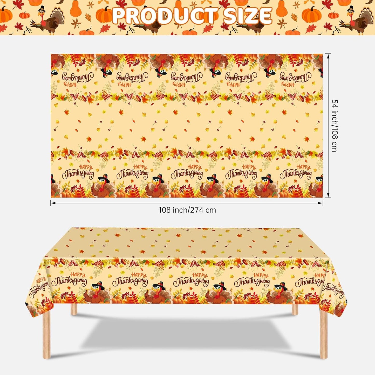 2 Pack Happy Thanksgiving Tablecloth - Fall Thanksgiving Turkey Table cloths, Disposable Plastic Rectangle Autumn Pumpkin Maple Leaf Table Cover for Thanks Giving Tables Decor Party Supplies,108x54In