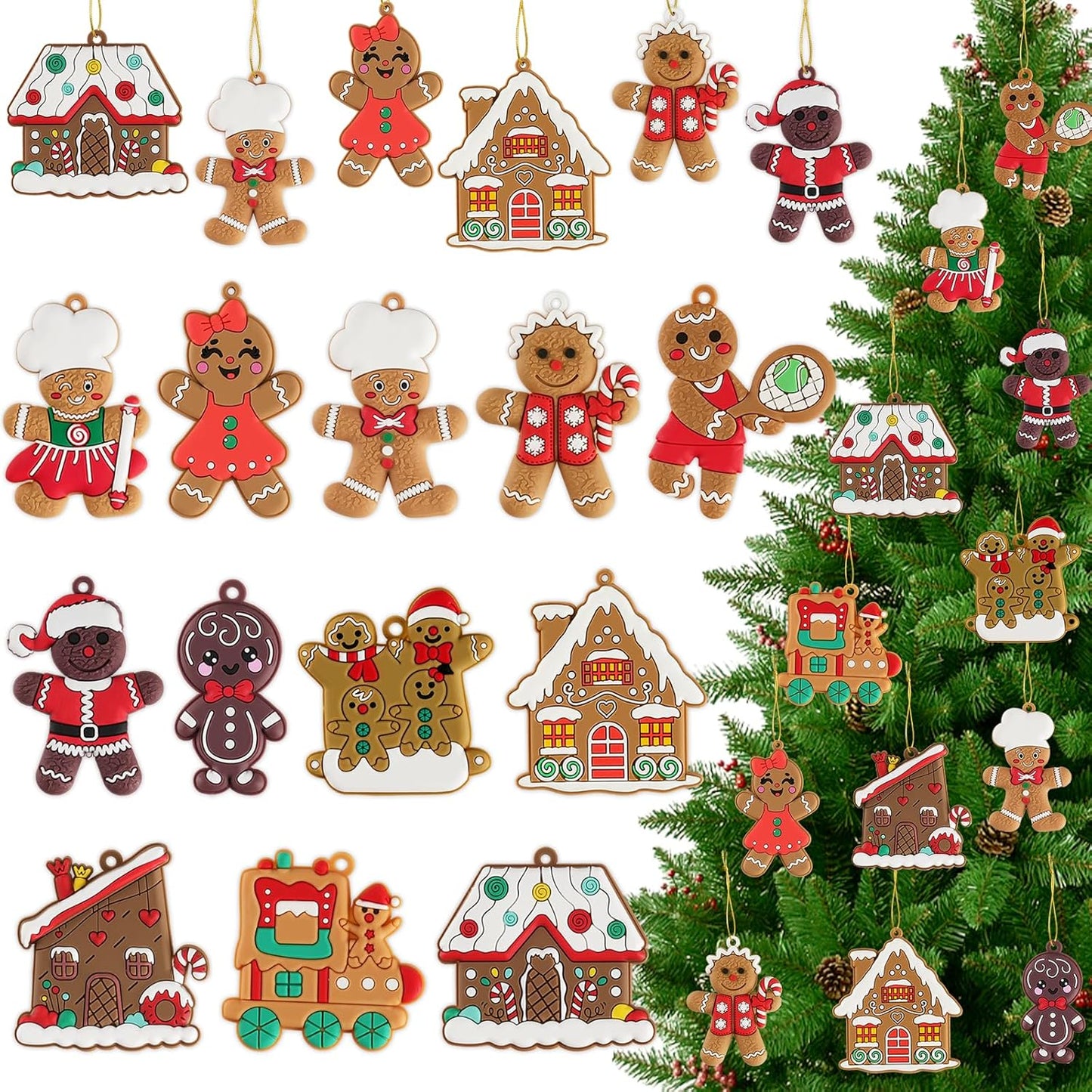 36pcs Gingerbread Man Ornaments for Christmas Tree, Assorted Gingerbread Figurines Decorations with Gingerbreads House Ornaments for Holiday Christmas Tree Home Decor