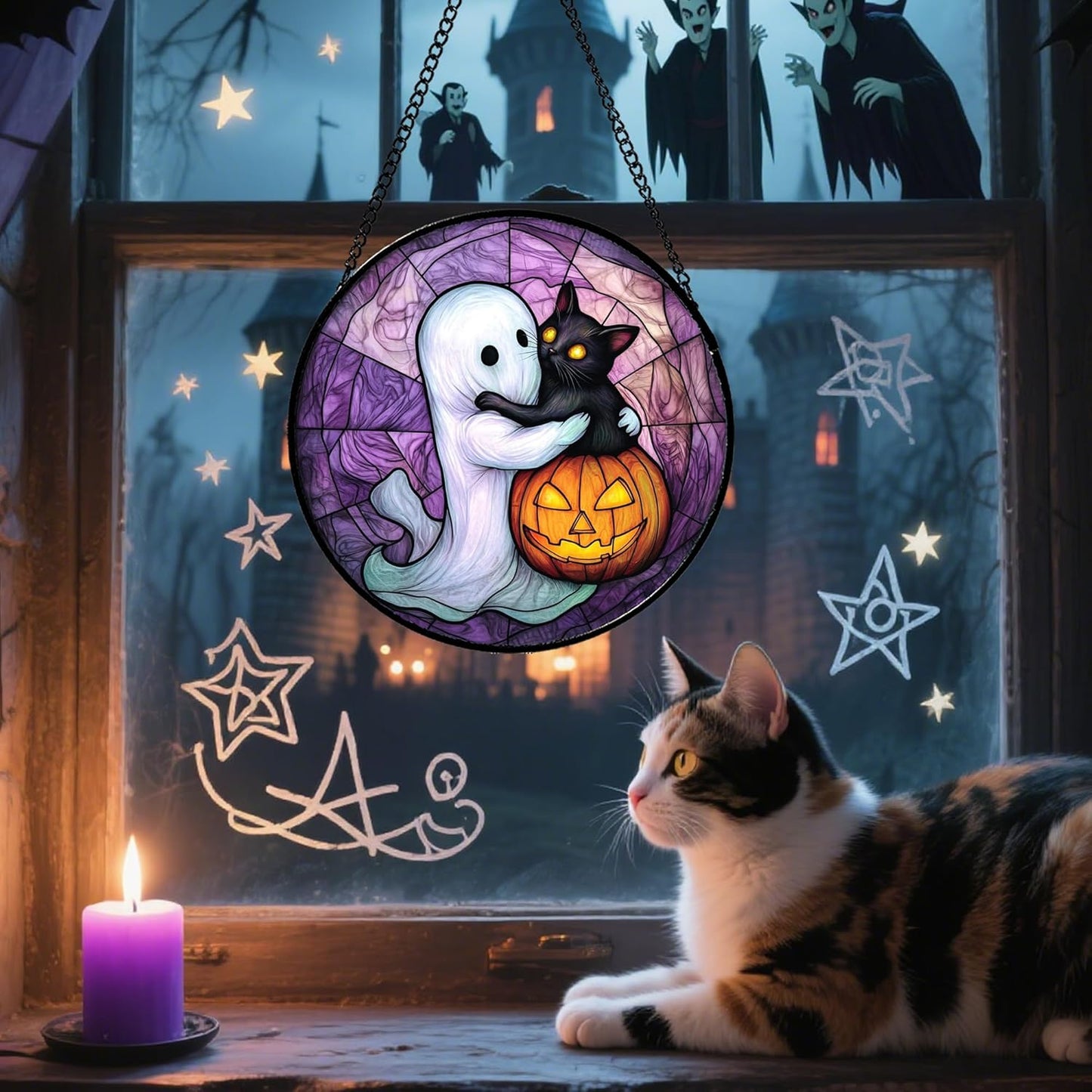 Stained Glass Window Hanging - Halloween Decorations Ghost Black Cat Pumpkin Suncatcher for Door Garden Spooky Purple Sun Catchers Gothic Decor Horror Gifts for Women Men Friend Boy 9.8 in