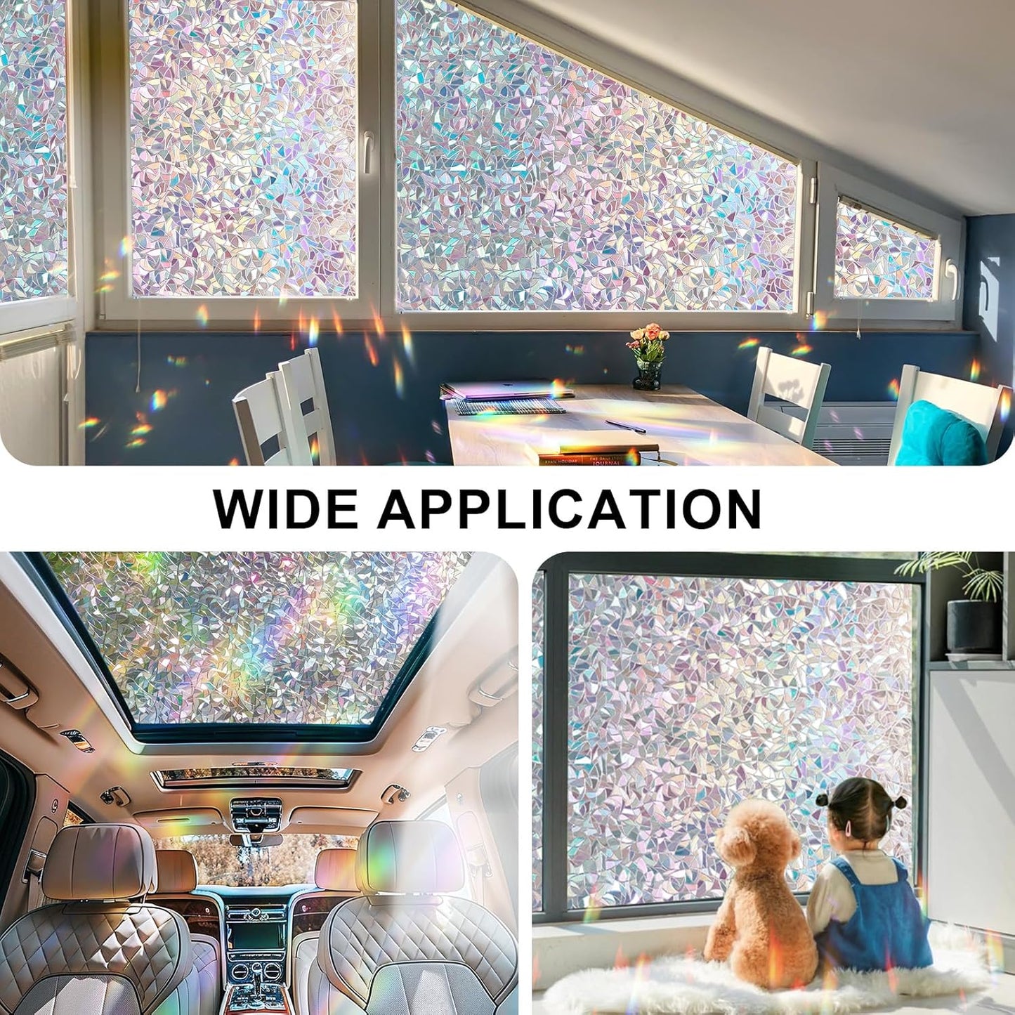 Rainbow Window Privacy Film 3D Decorative Stained Glass Window Film Anti UV Non-Adhesive Reusable 17.5" x 157.4" for Home Room Car Glass Cling