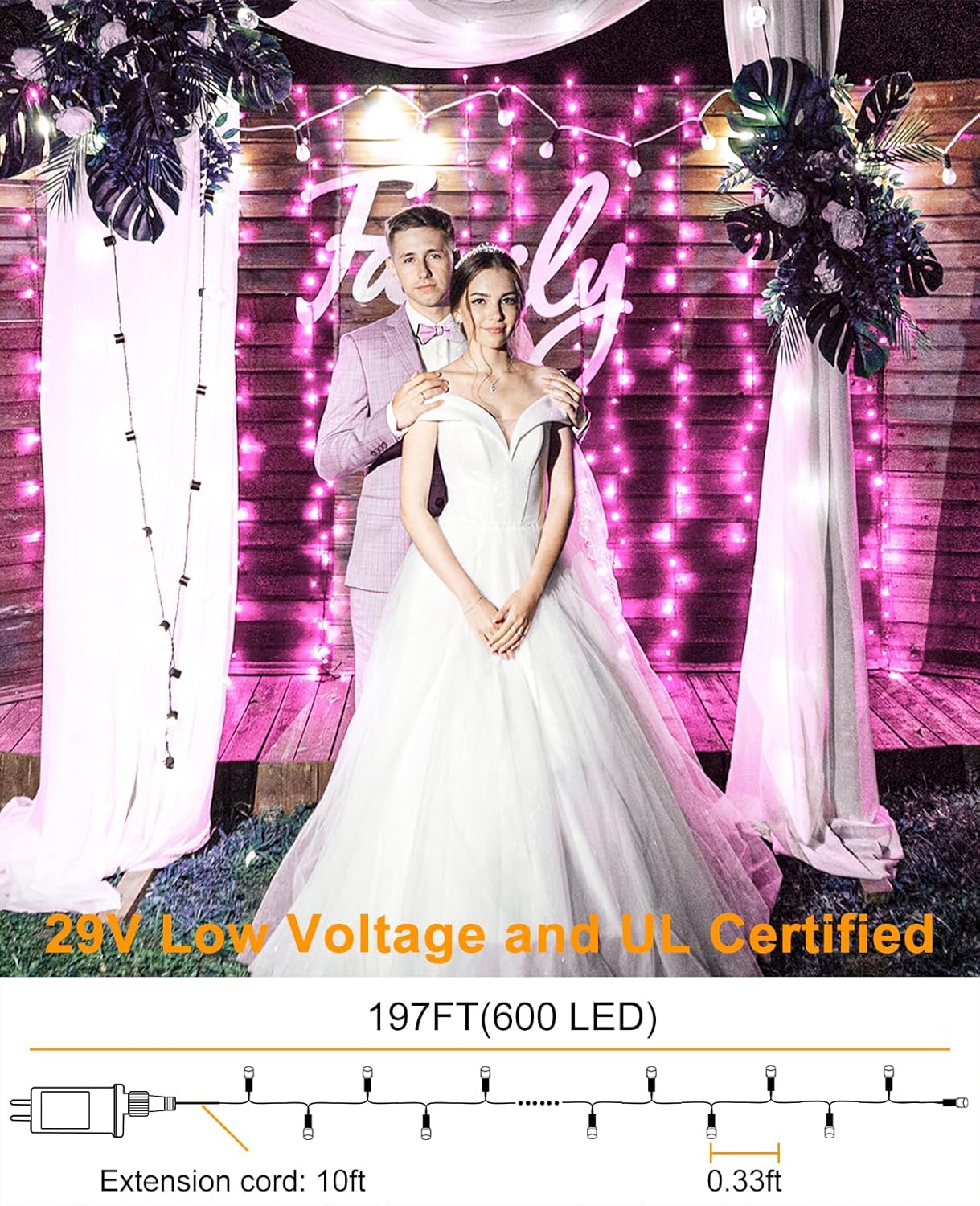 197FT 600 LED Christmas Lights Outdoor, Plug in Christmas Tree Lights 8 Modes, Waterproof Green Wire String Twinkle Lights for Indoor House Patio Garden Party Wedding Holiday Decorations, Pink