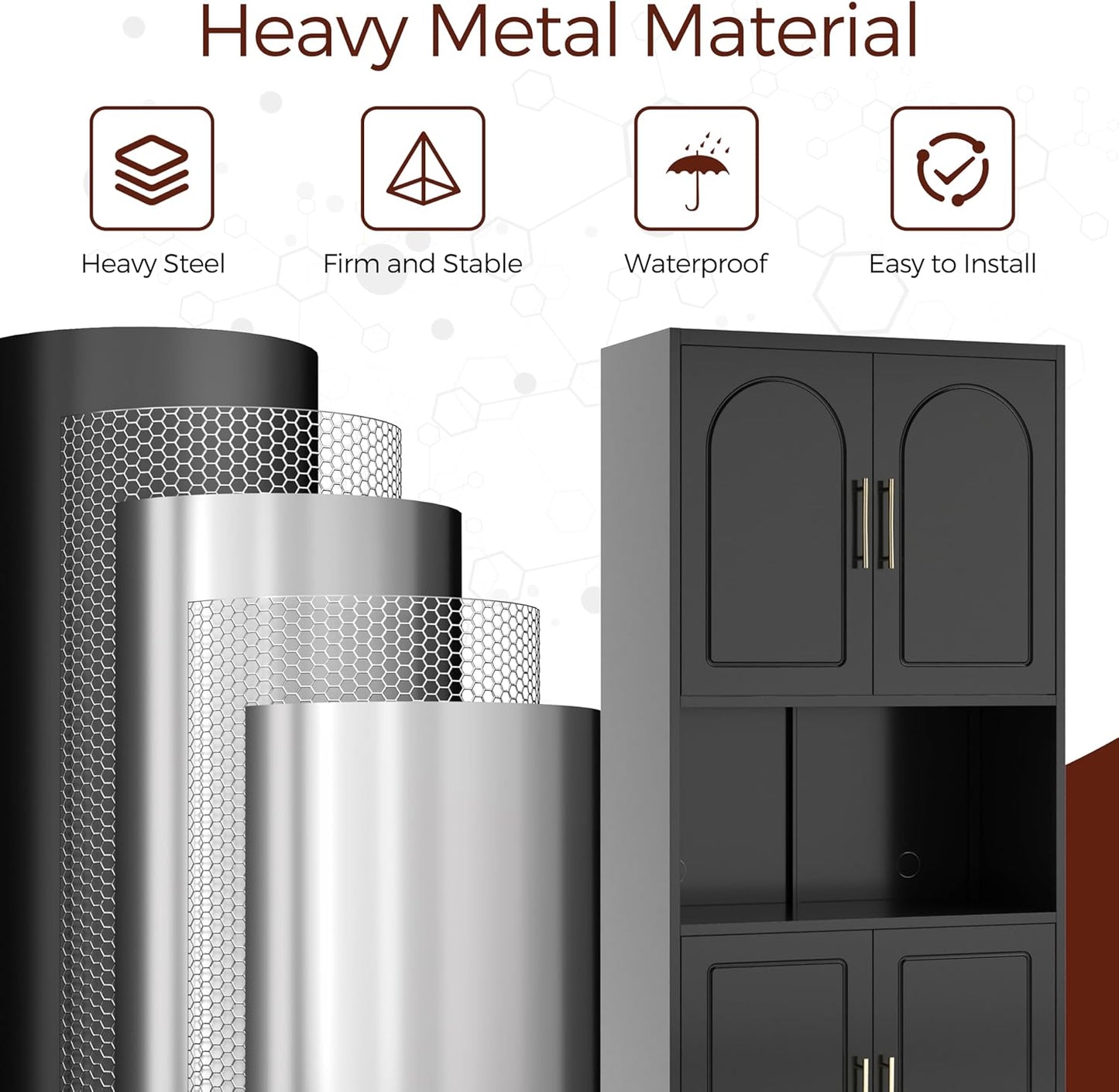 75" Tall Kitchen Pantry Storage Cabinet, Metal Storage Cabinets with 4 Doors and Adjustable Shelves, Black Kitchen Hutch Cabinet with Microwave Stand, Large Cupboard for Dining Living Room