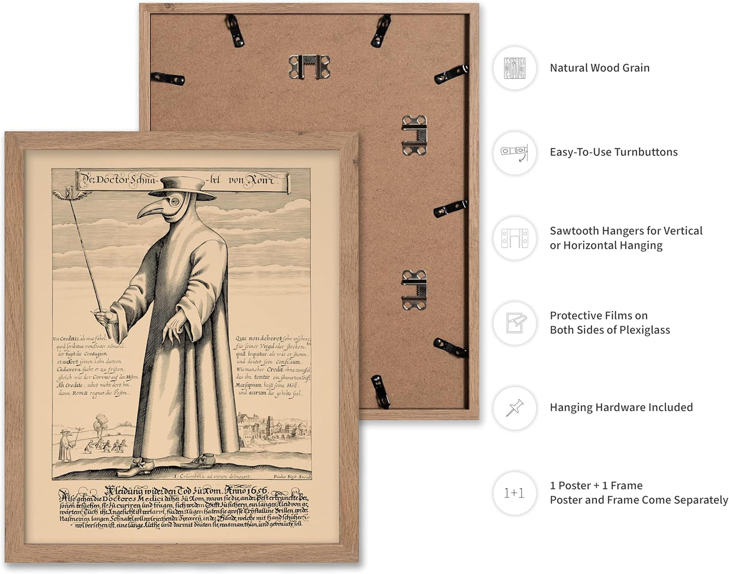 Poster Master Vintage Medieval Poster - Retro Illustration Print - Gift for Friend - Plague Doctor, Pandemic Mask, Physician, Black Death - Wall Decor for Home, Living Room, 16x20 Beige Framed