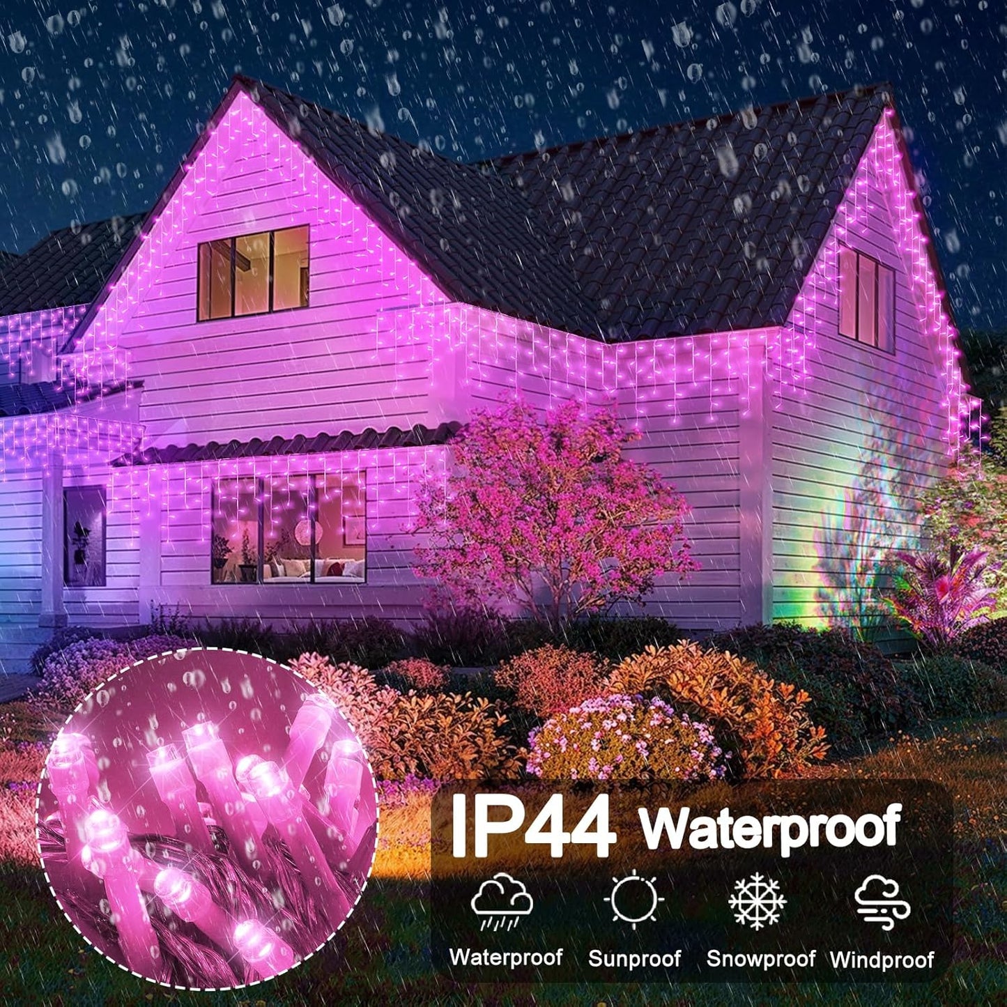 Pink Christmas Lights Outdoor, 33ft 400 LED Icicle Lights for Outside Clear Wire Connectable Twinkle Light with 8 Modes Timer Plug in Waterproof for Window Party Wedding Holiday Patio Tree Decorations