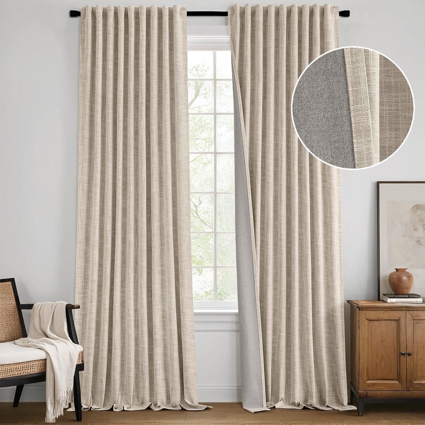 MIULEE Beige 100% Blackout Linen Curtains 102 Inch 2 Panels Set Double Sided No Coating Pinch Pleated Back Tab Floor to Ceiling Black Out Thermal Insulated Bedroom Living Room Darkening Window Drapes
